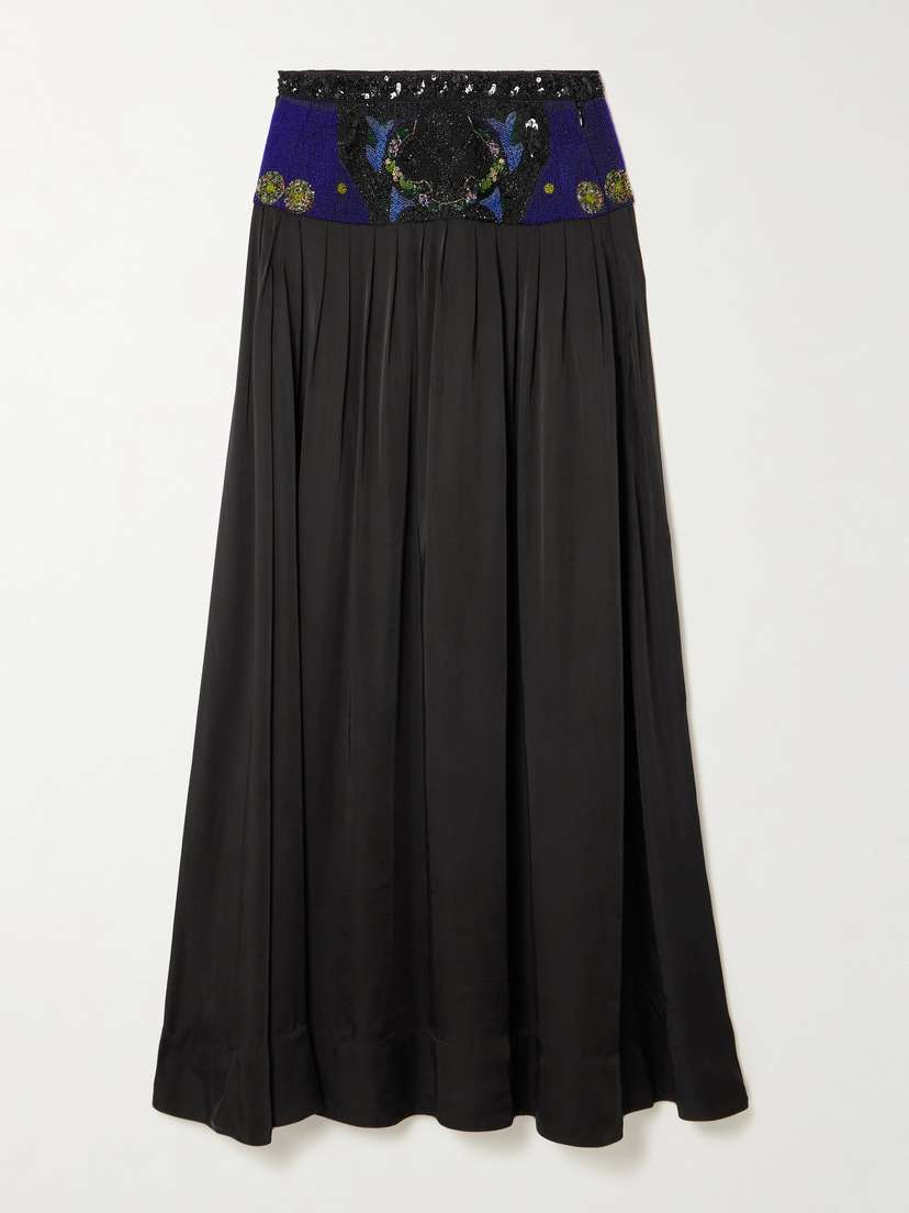 BODE Deco Collage Embellished Pleated Satin Maxi Skirt