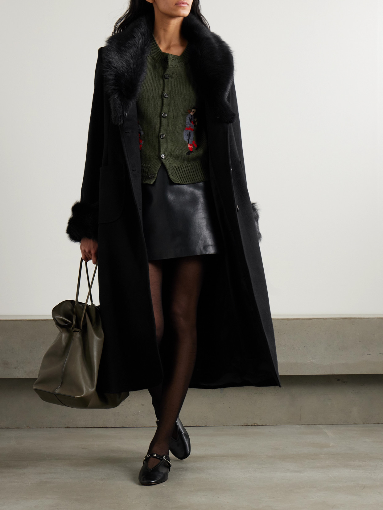 Bode Arena Shearling-trimmed Wool And Cashmere-blend Coat In Black