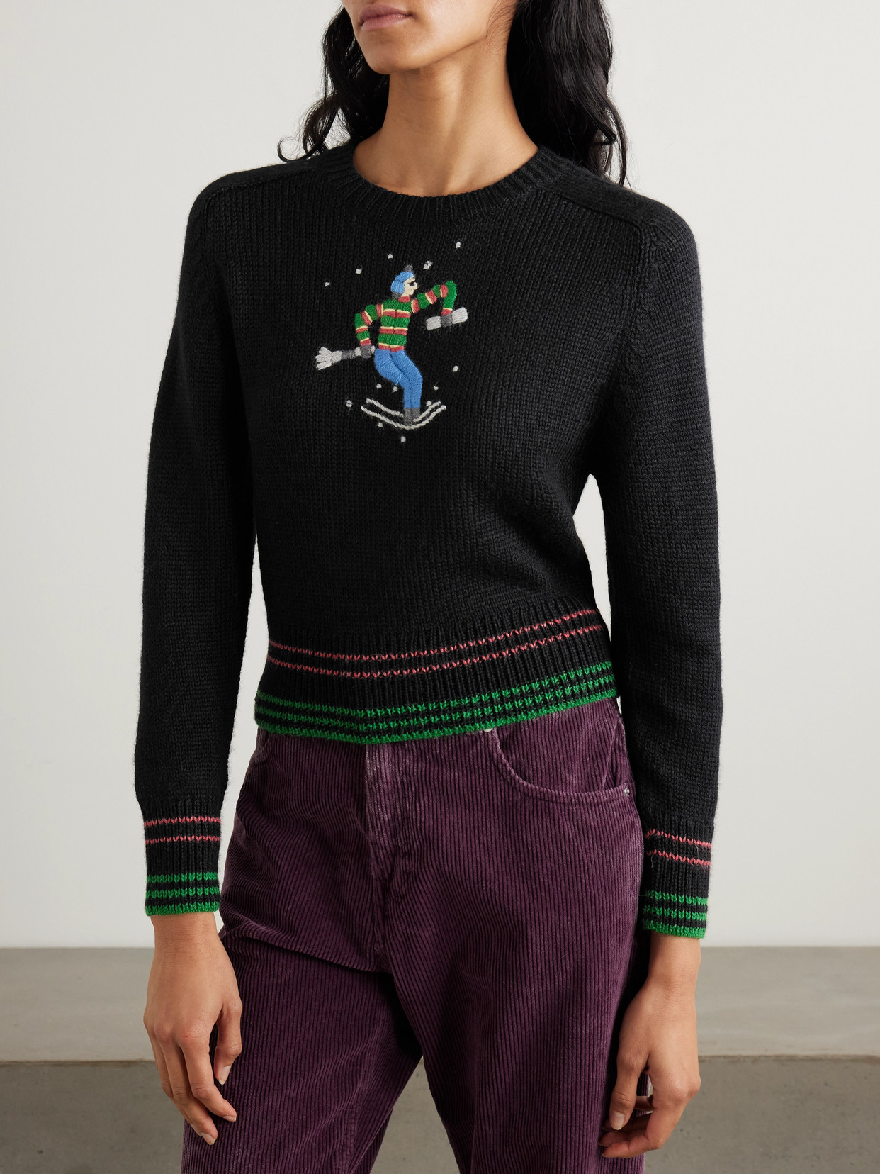 BODE SKI RUN CROPPED EMBROIDERED STRIPED ALPACA SWEATER