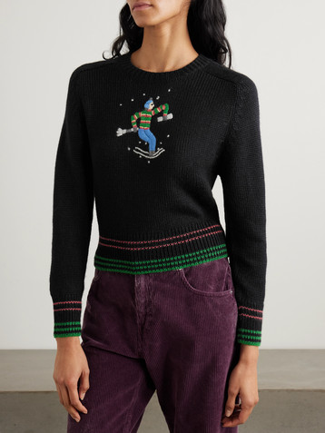 Bode Ski Run cropped embroidered striped alpaca sweater