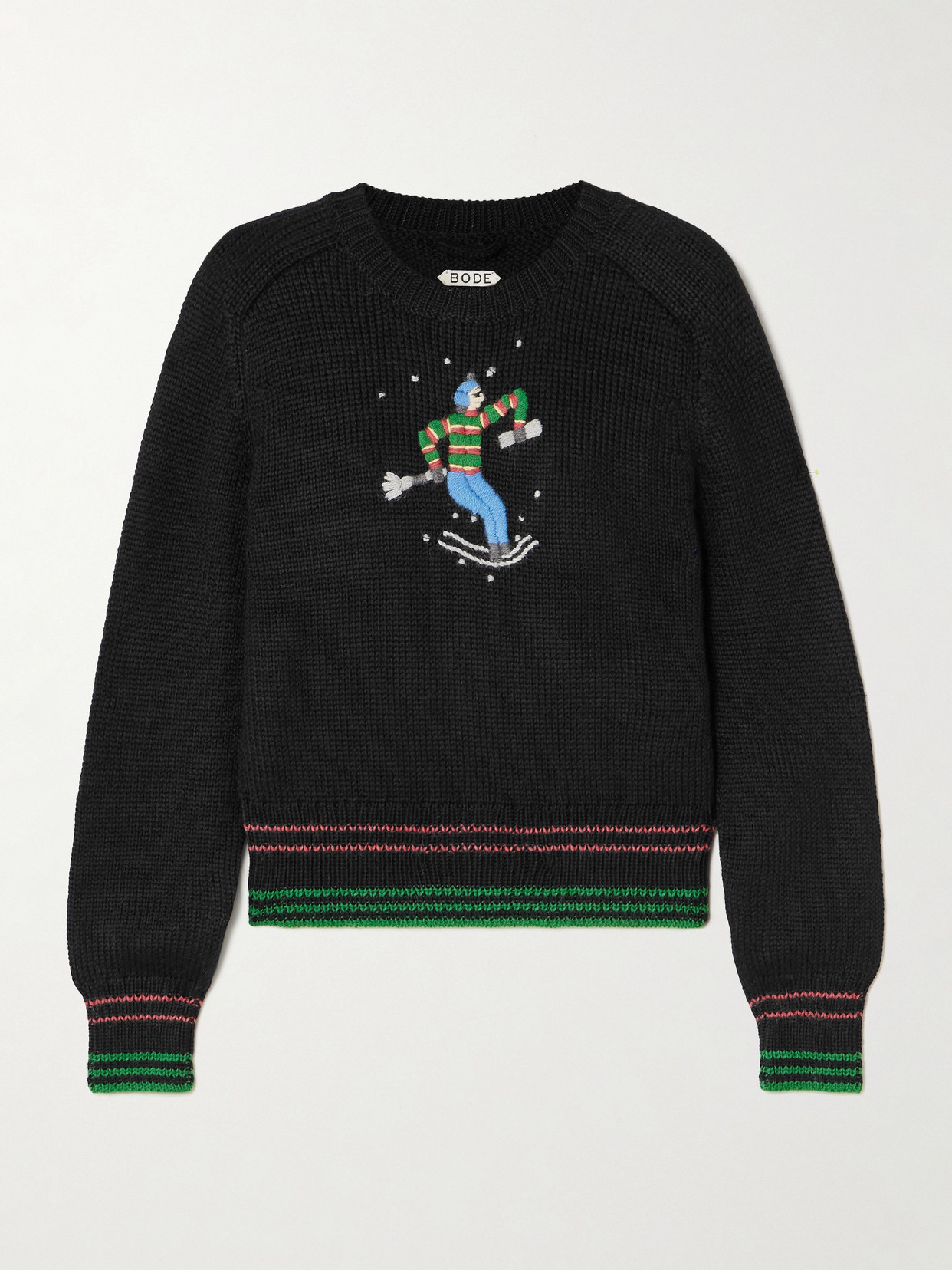 BODE SKI RUN CROPPED EMBROIDERED STRIPED ALPACA SWEATER
