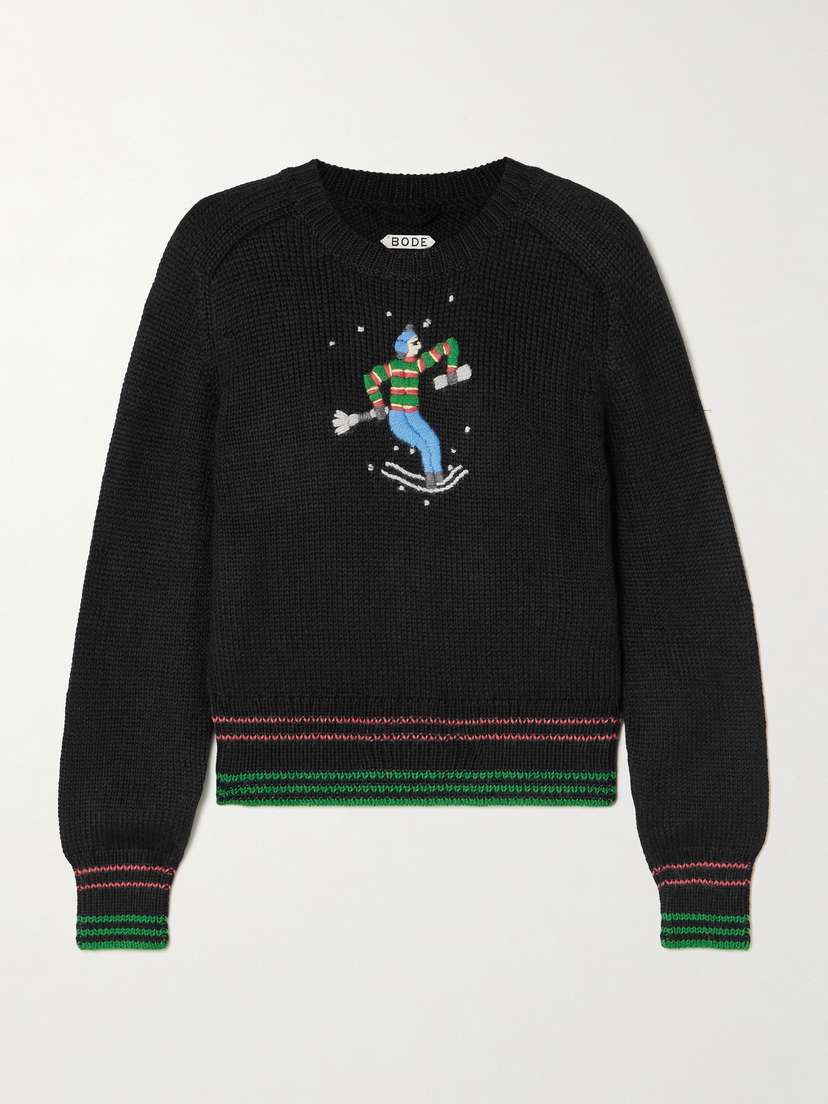 BODE Ski Run Cropped Embroidered Striped Alpaca Sweater
