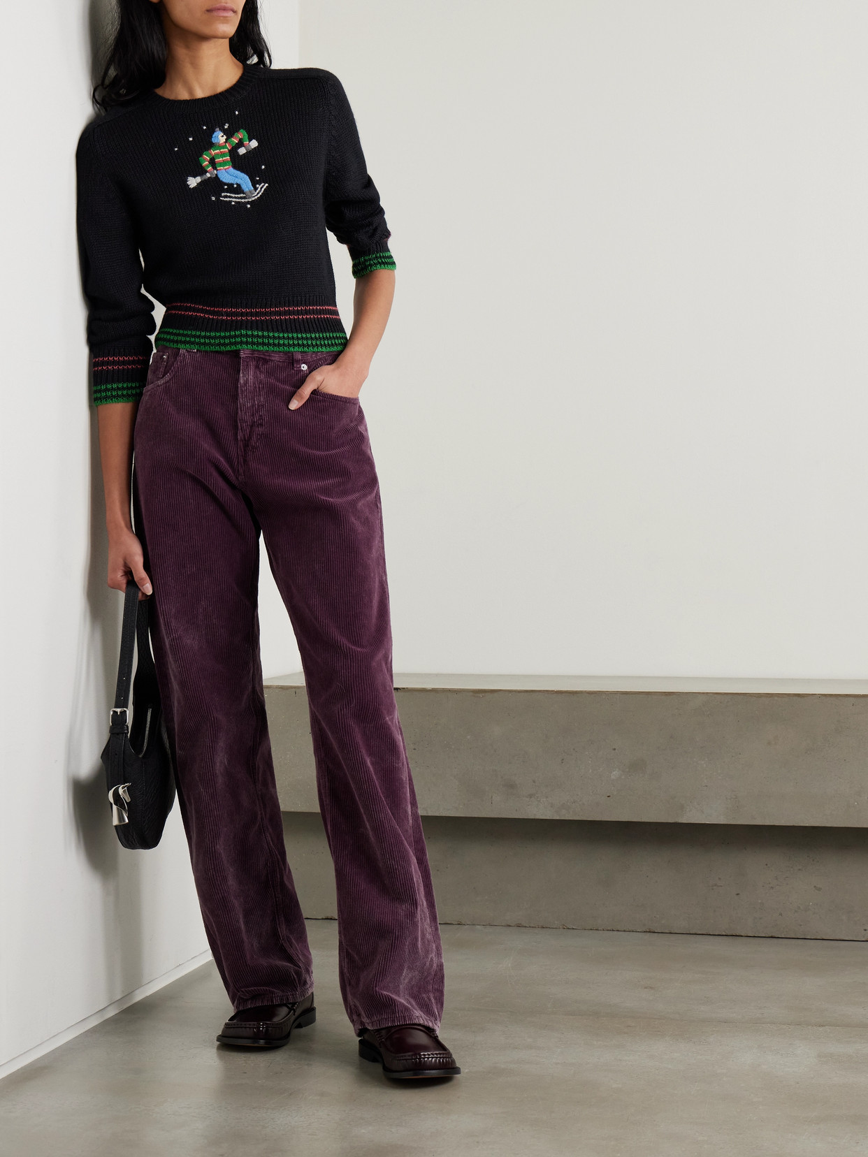 BODE SKI RUN CROPPED EMBROIDERED STRIPED ALPACA SWEATER