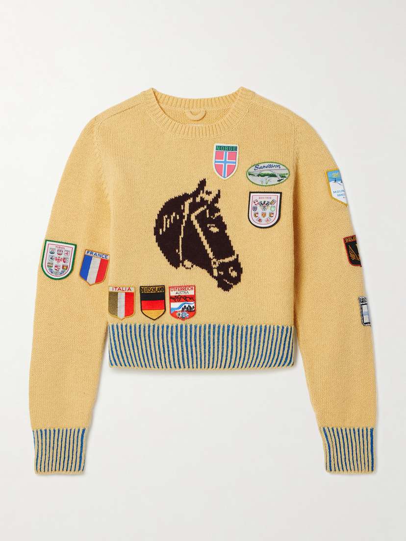 BODE Cropped Appliquéd Intarsia Alpaca And Merino Wool-blend Sweater - x large