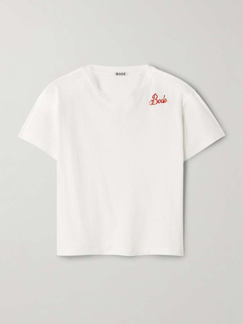 BODE Embroidered Cropped Pointelle-knit Cotton Top