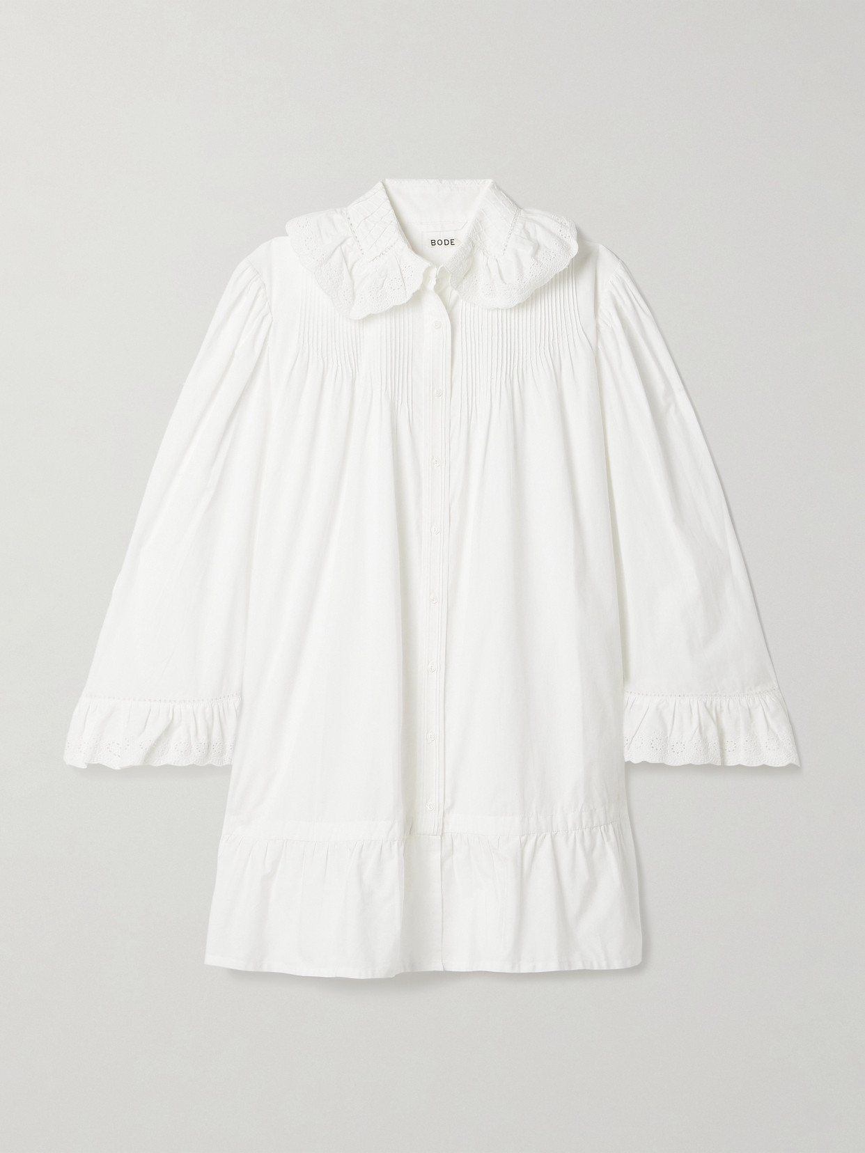 Bode Petaluma Crochet-trimmed Pintucked Cotton-poplin Mini Shirt Dress In White