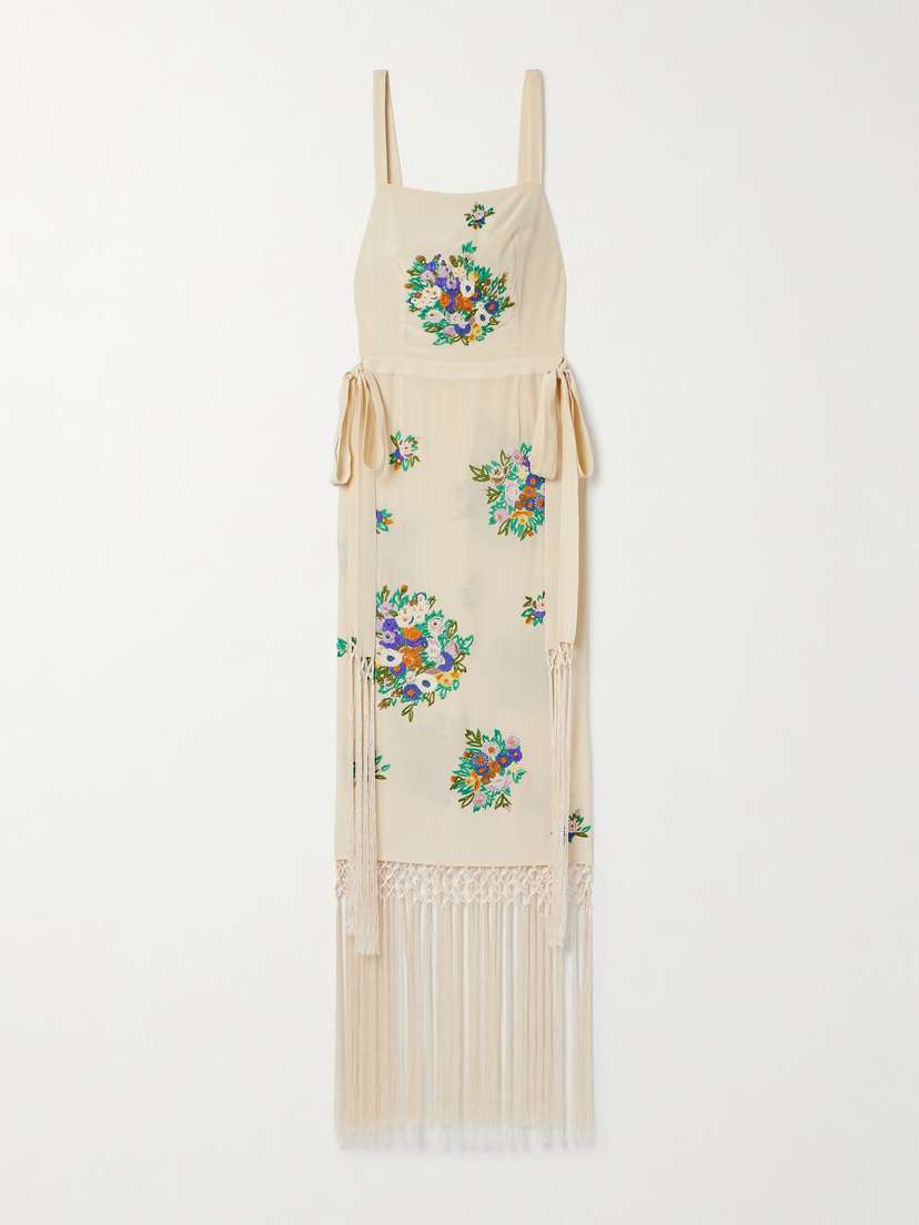 BODE Fringed Embroidered Silk Crepe De Chine Midi Dress