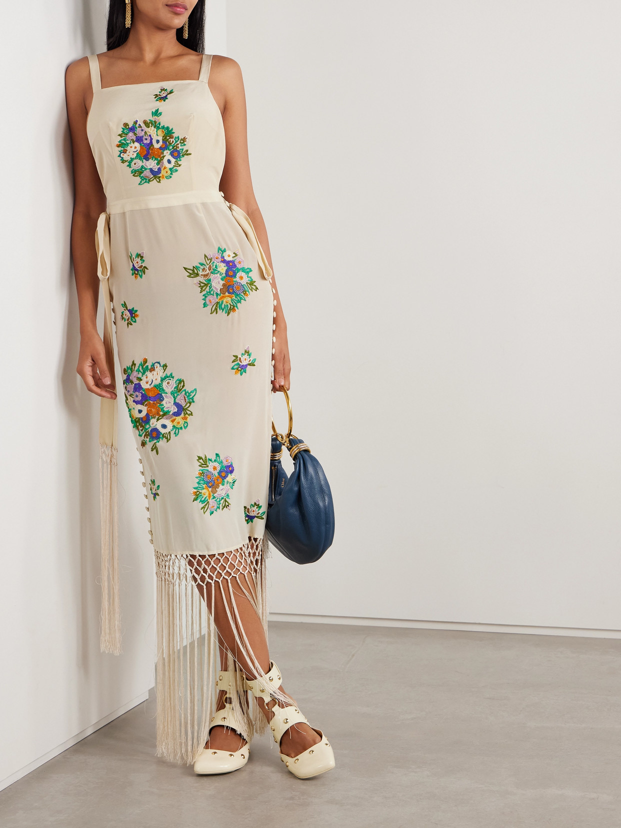Bode Flower Language Backless Long Fringe Dress In Cream