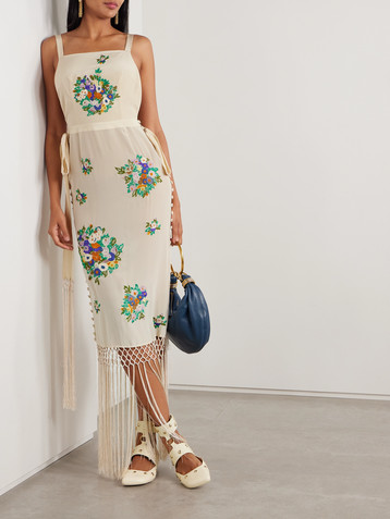 Bode Fringed embroidered silk crepe de chine midi dress