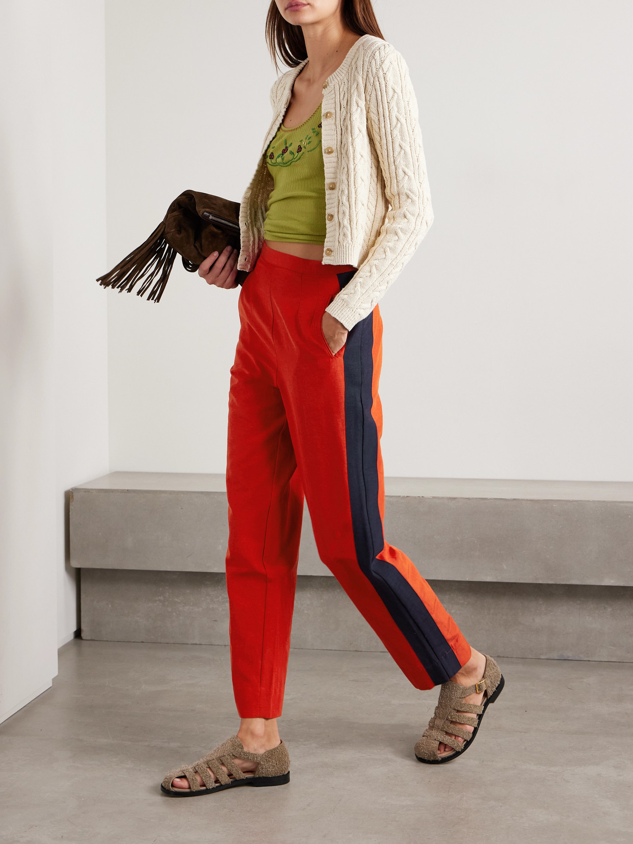 Bode Waterfront Cropped Striped Crepe Straight-leg Pants In Red