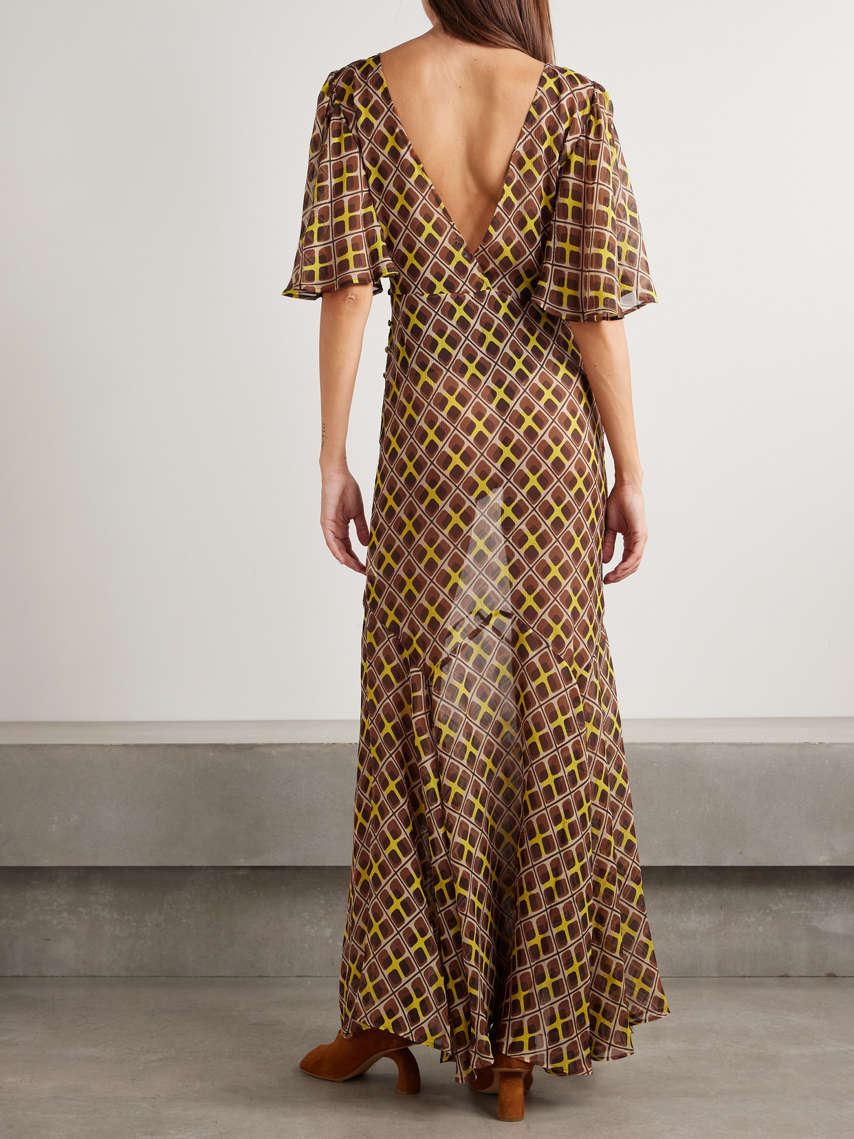 Bode Cattail Printed Silk-blend Chiffon Gown In Brown