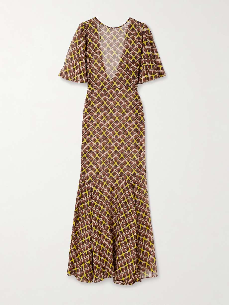 cattail printed silk-blend chiffon gown