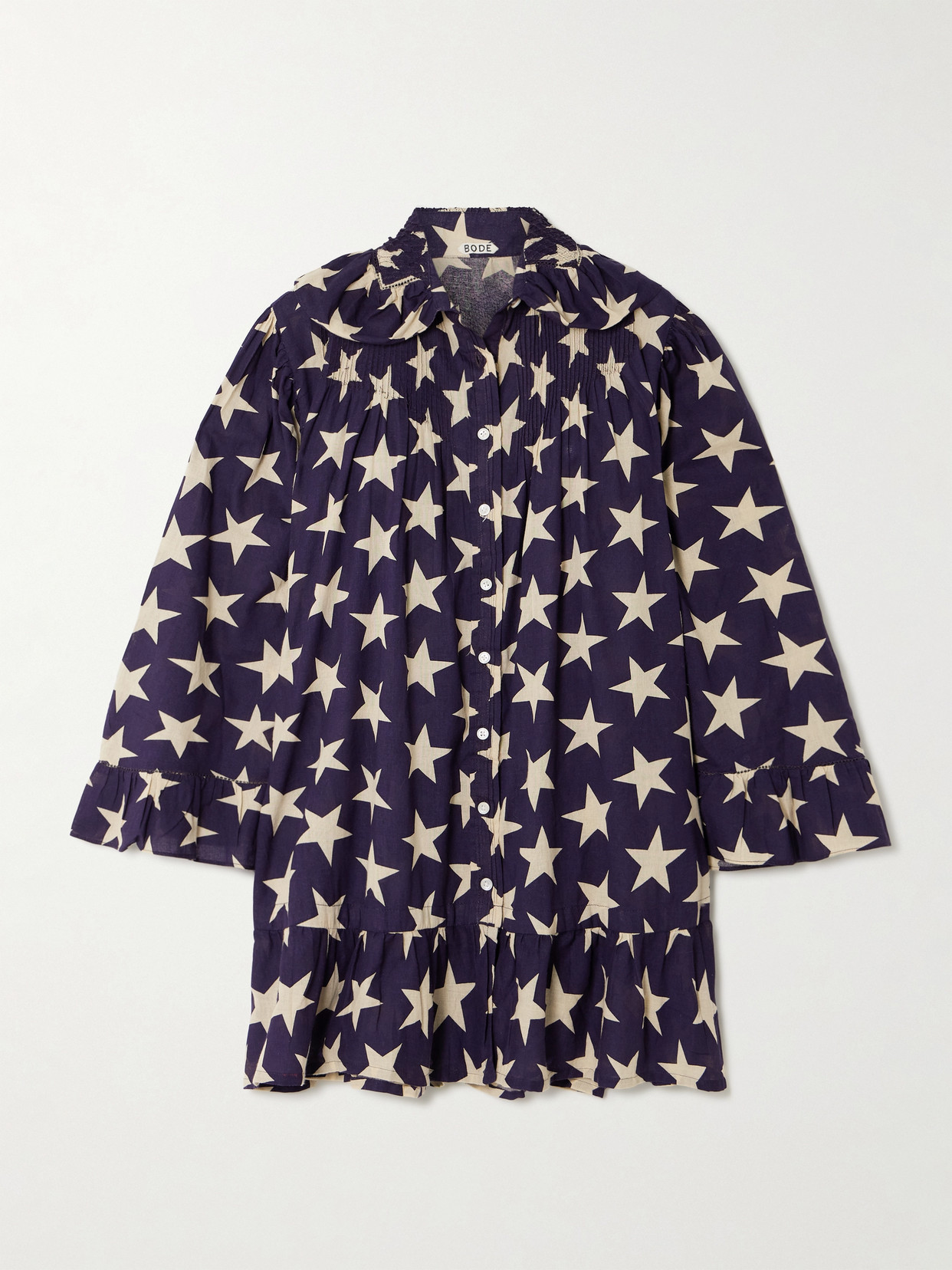 Shop Bode Pintucked Printed Cotton-voile Mini Dress In Blue
