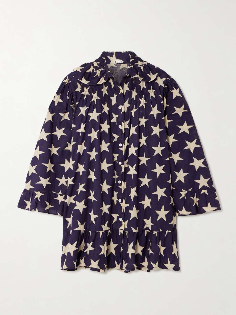 pintucked printed cotton-voile mini dress