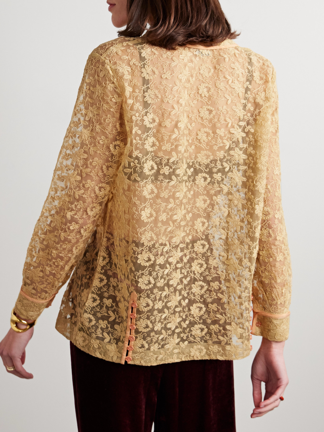 BODE ATTIC CREPE-TRIMMED EMBROIDERED TULLE TOP