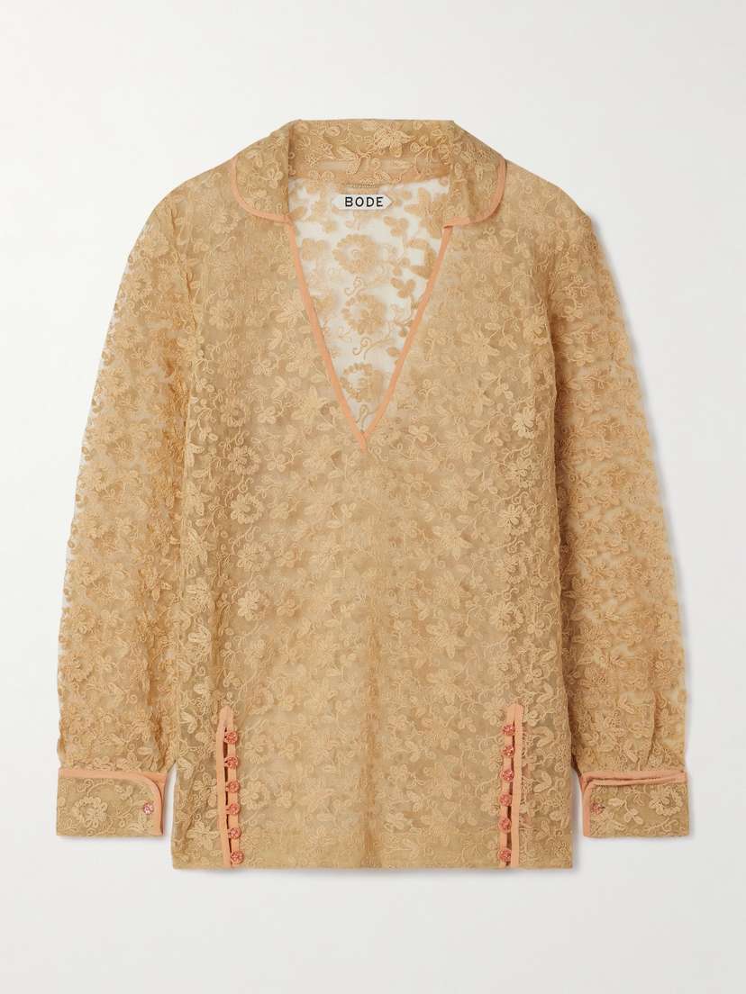 BODE Attic Crepe-trimmed Embroidered Tulle Top