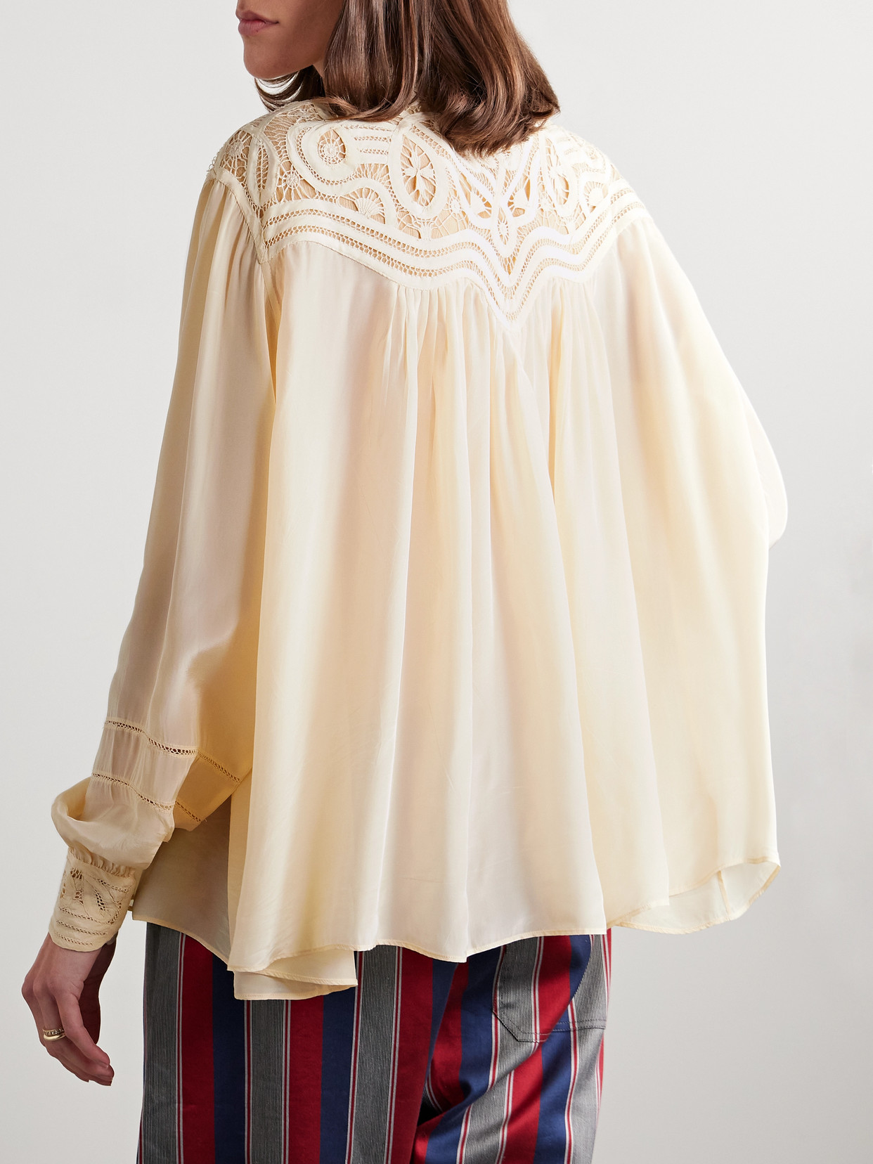 Bode Tippet Pleated Satin And Guipure Lace Blouse In Cream