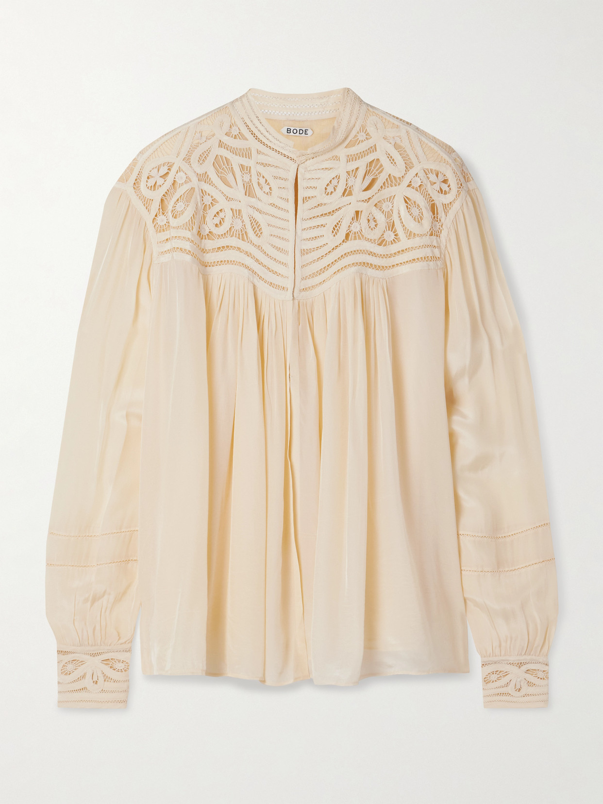 BODE - Tippet Pleated Satin And Guipure Lace Blouse - Cream