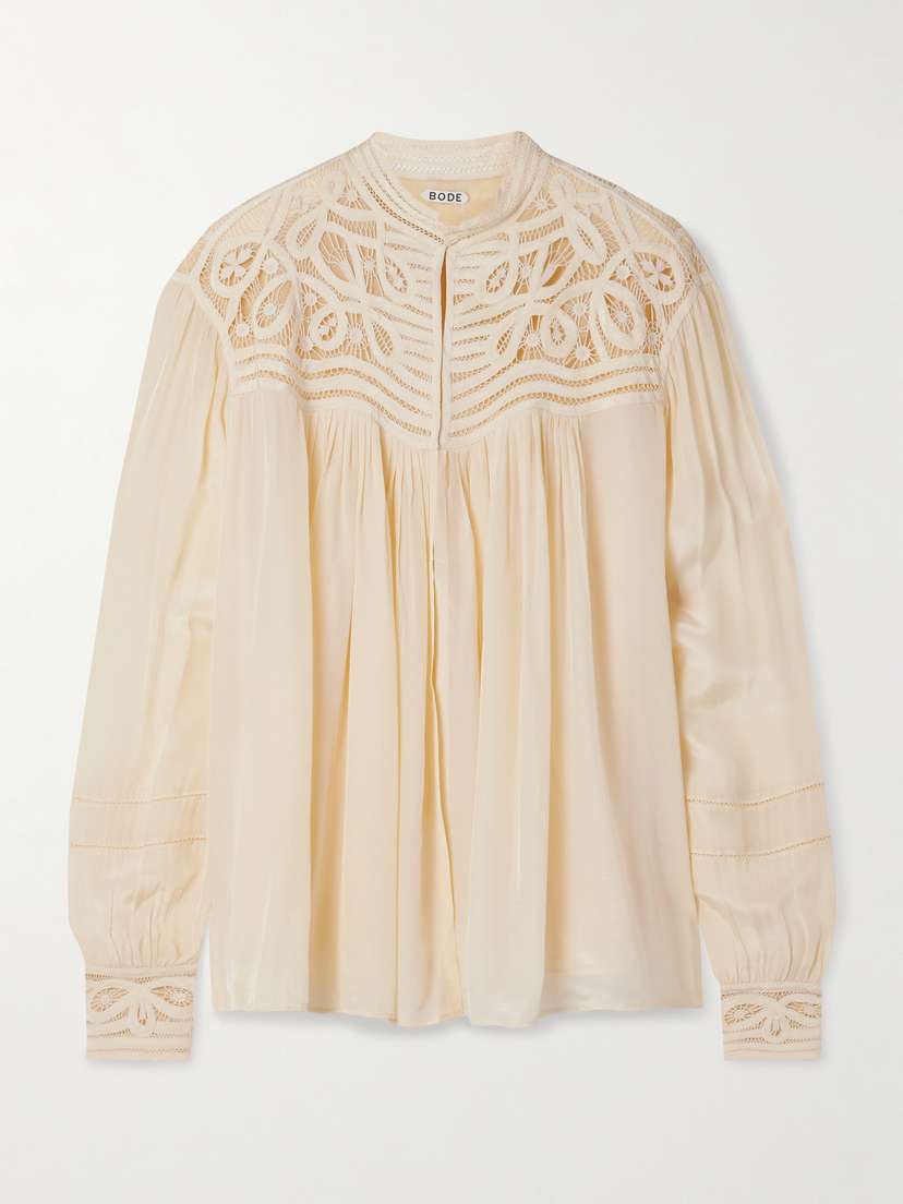 BODE Tippet Pleated Satin And Guipure Lace Blouse