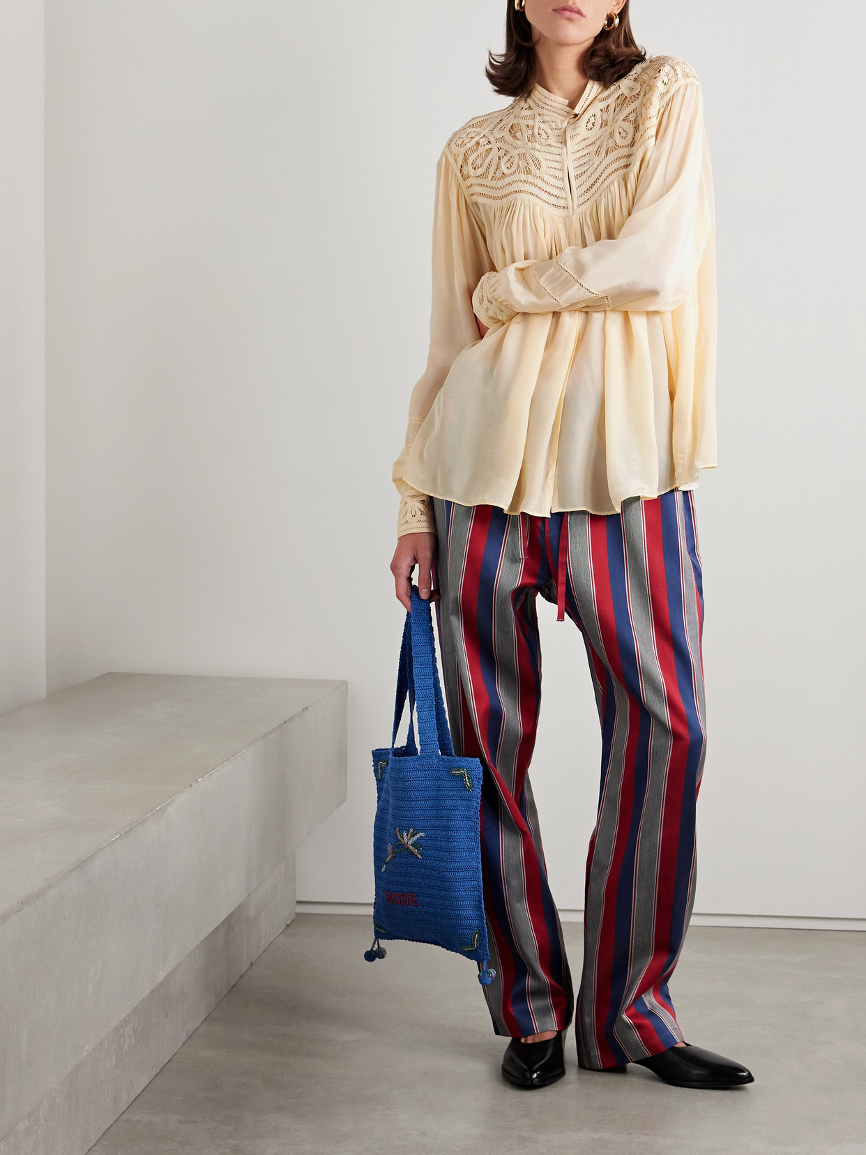 Bode Tippet Pleated Satin And Guipure Lace Blouse In Cream