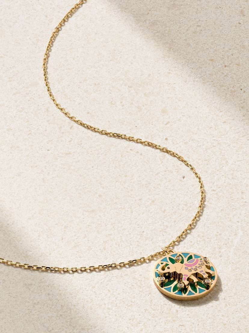 L’Atelier Nawbar Trunks Up Small 18-karat Gold, Diamond And Enamel Necklace
