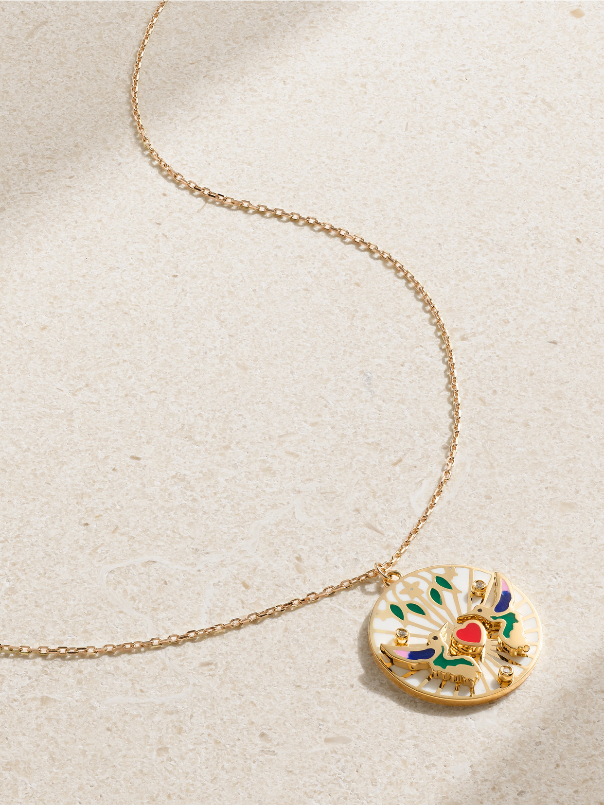L'atelier Nawbar 18k Yellow Gold Small The Love Bird Diamond And Colored Enamel Pendant In White