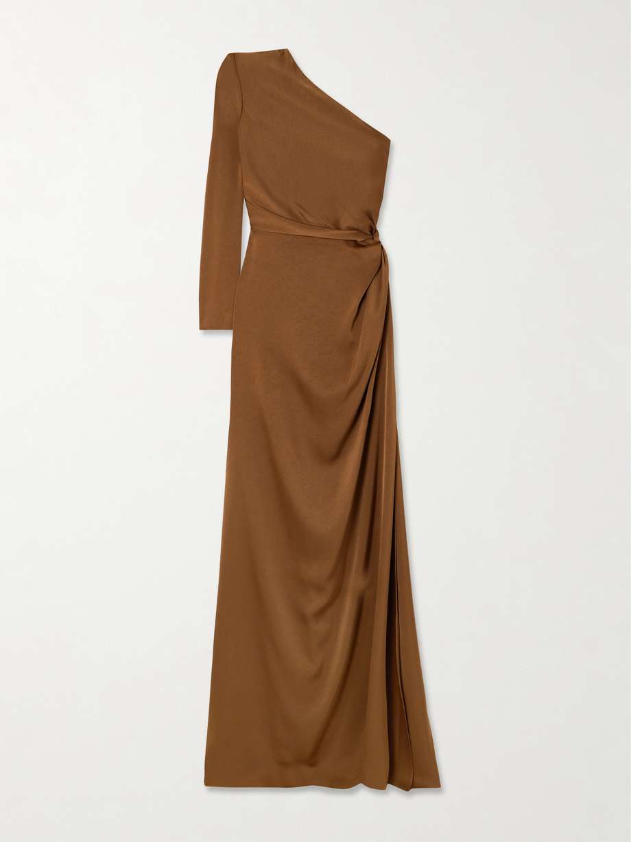 one-shoulder gathered satin-crepe gown
