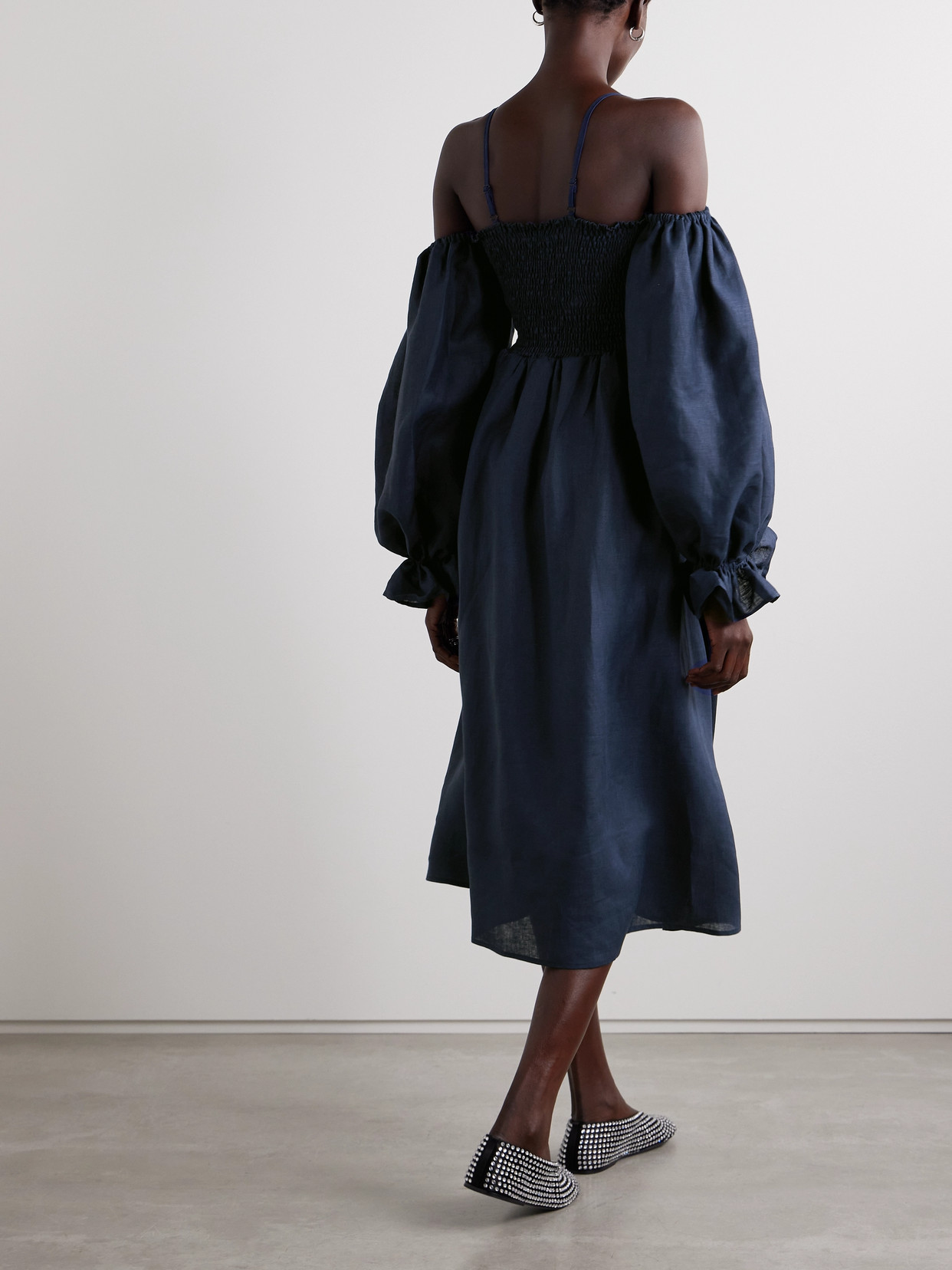 Sleeper Cancan Cold-shoulder Shirred Linen Midi Dress In Blue