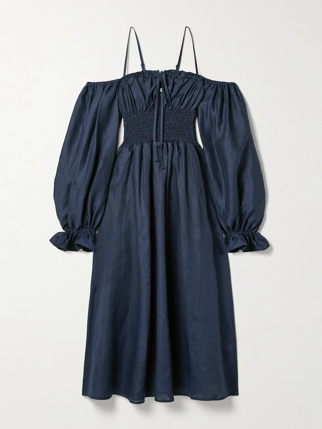 Sleeper Cancan Cold-shoulder Shirred Linen Midi Dress In Blue