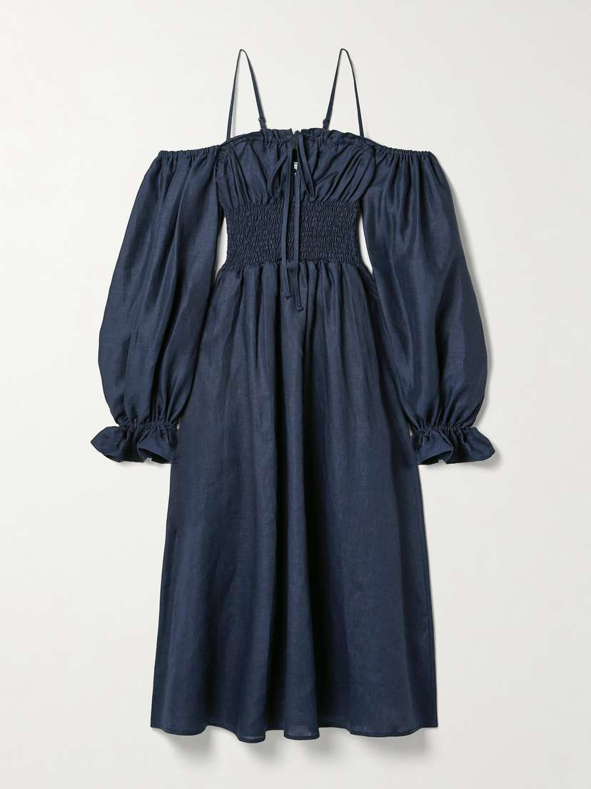 Sleeper Cancan Cold-shoulder Shirred Linen Midi Dress