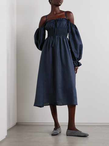 Sleeper Cancan cold-shoulder shirred linen midi dress