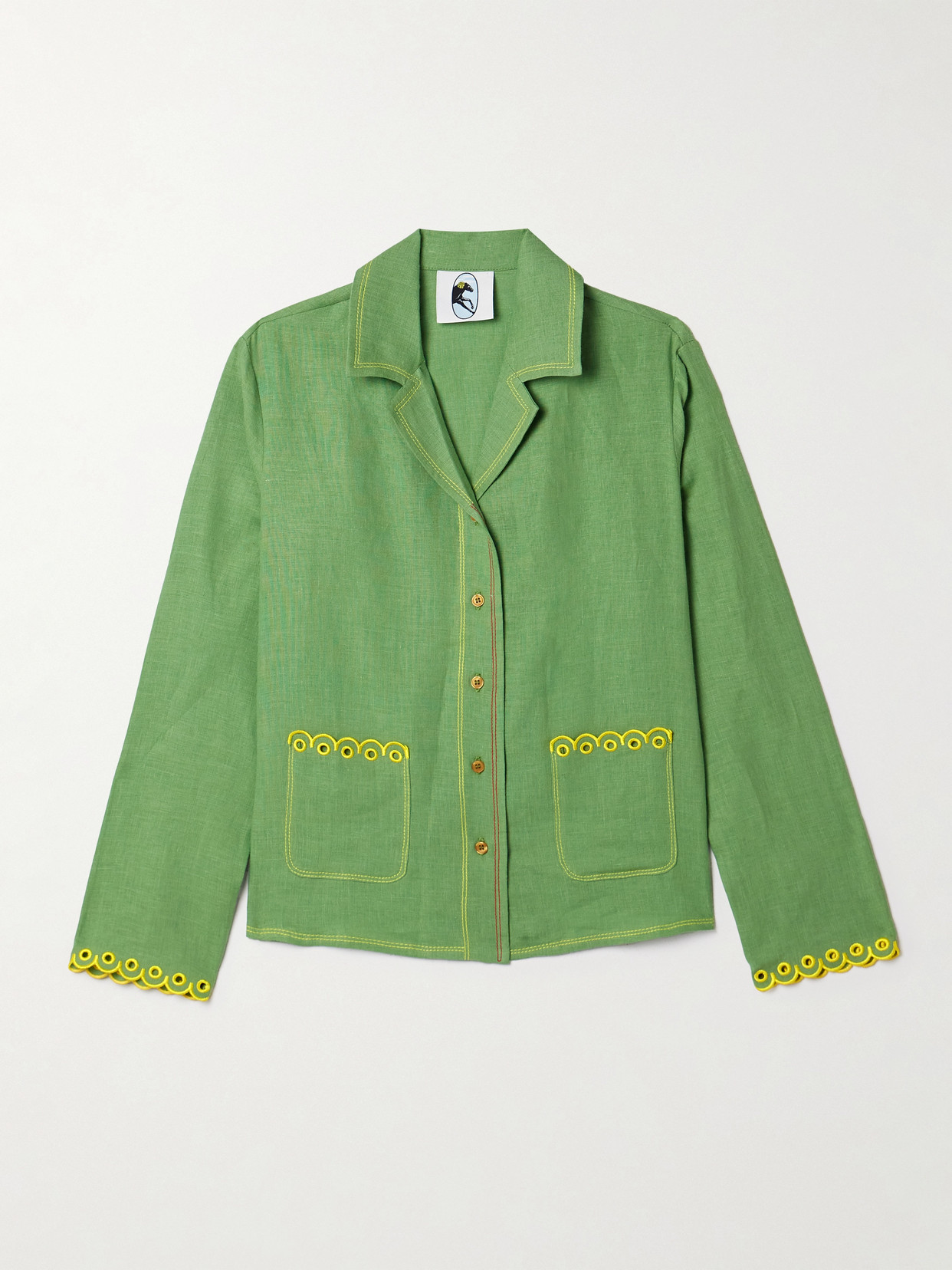 Sleeper Petra Embroidered Linen Pajama Shirt In Green