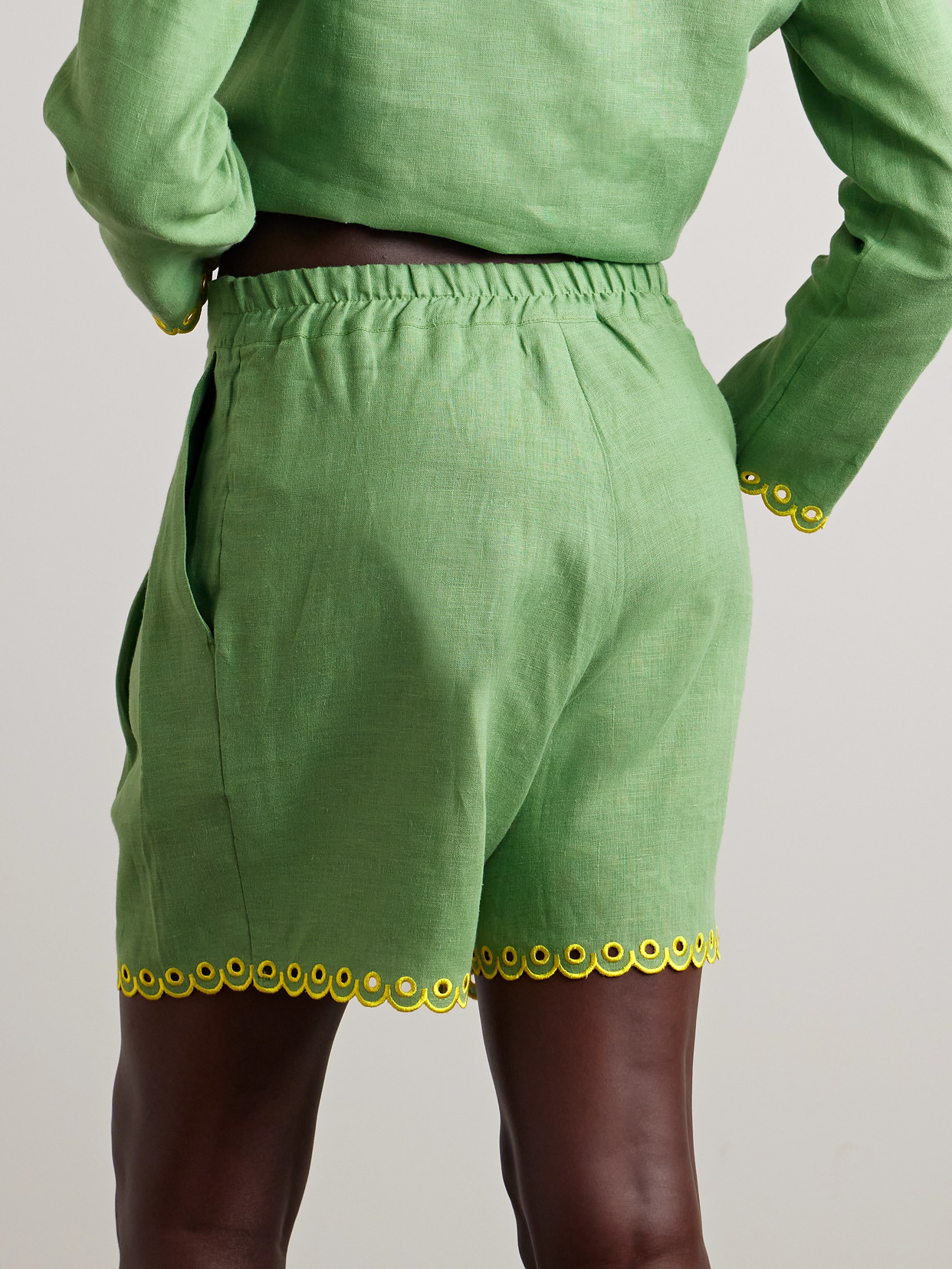 Sleeper Petra Pleated Broderie Anglaise-trimmed Linen Pajama Shorts In Green