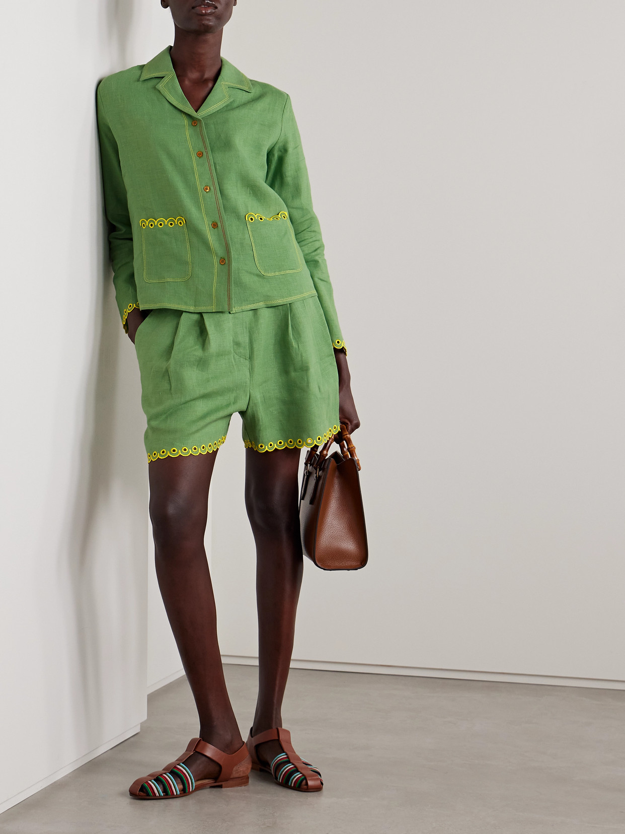 Sleeper Petra Pleated Broderie Anglaise-trimmed Linen Pajama Shorts In Green