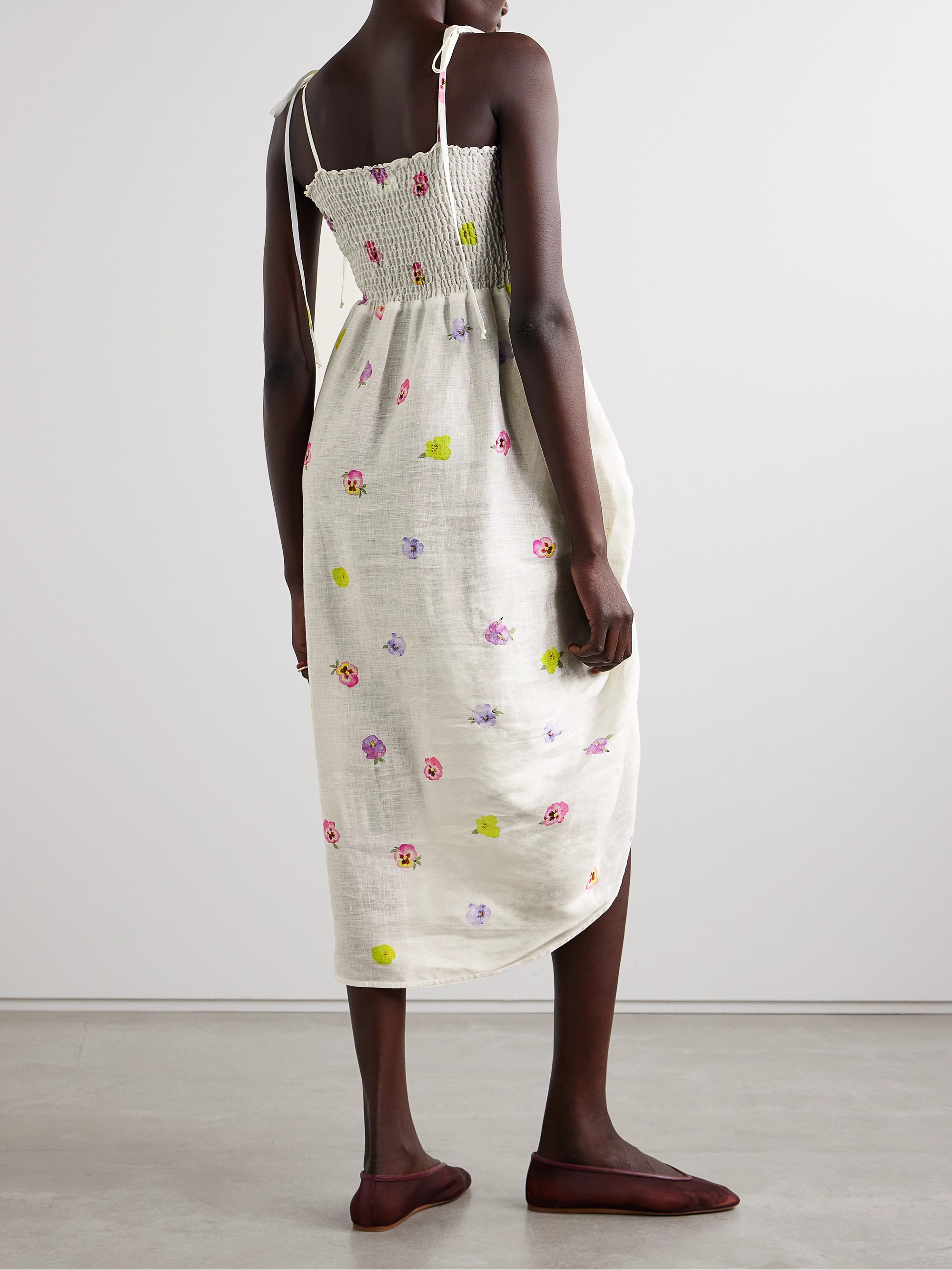 Sleeper Atlanta asymmetric shirred appliquéd floral-print linen midi dress thumbnail