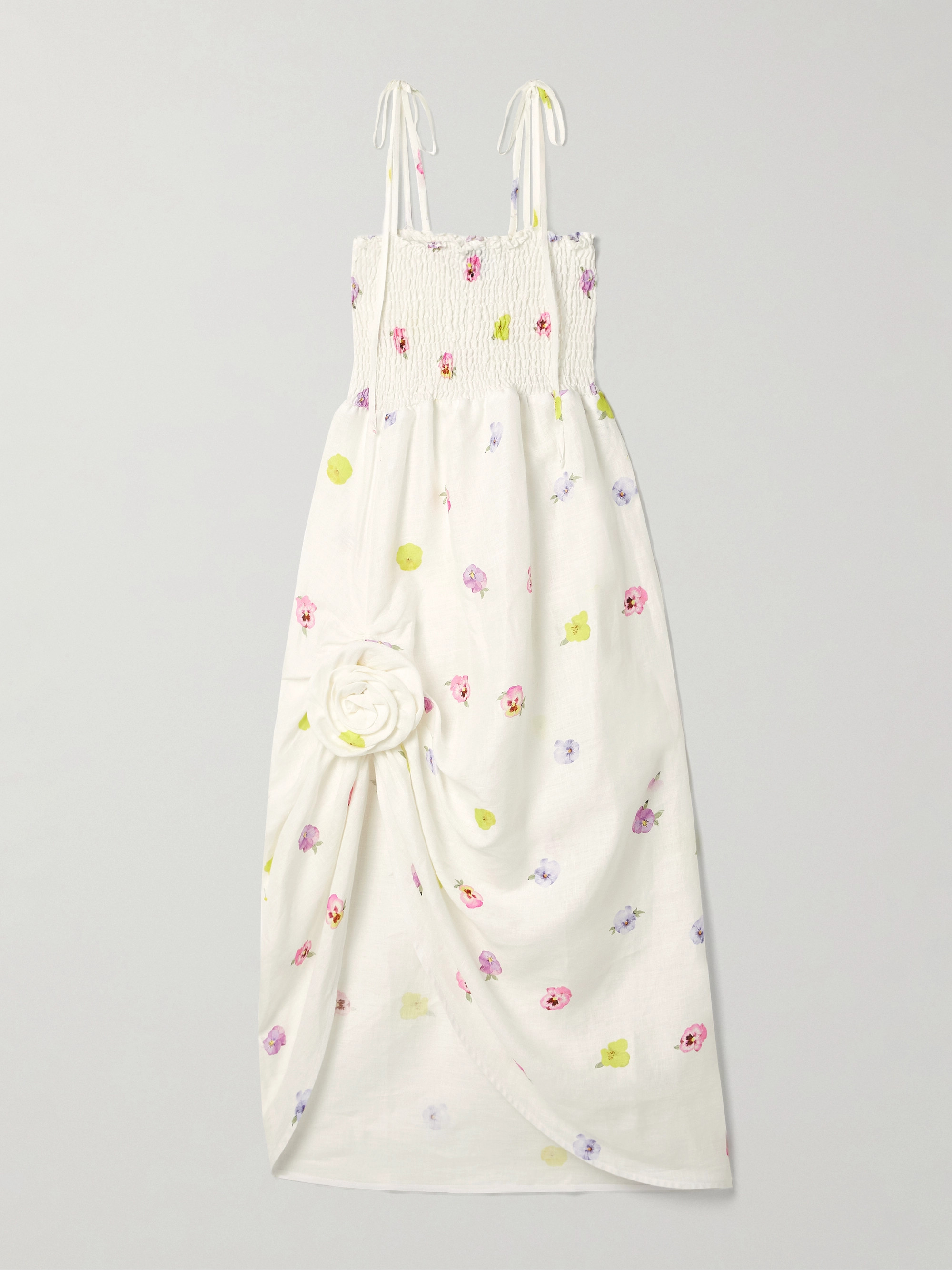 Sleeper Atlanta asymmetric shirred appliquéd floral-print linen midi dress thumbnail