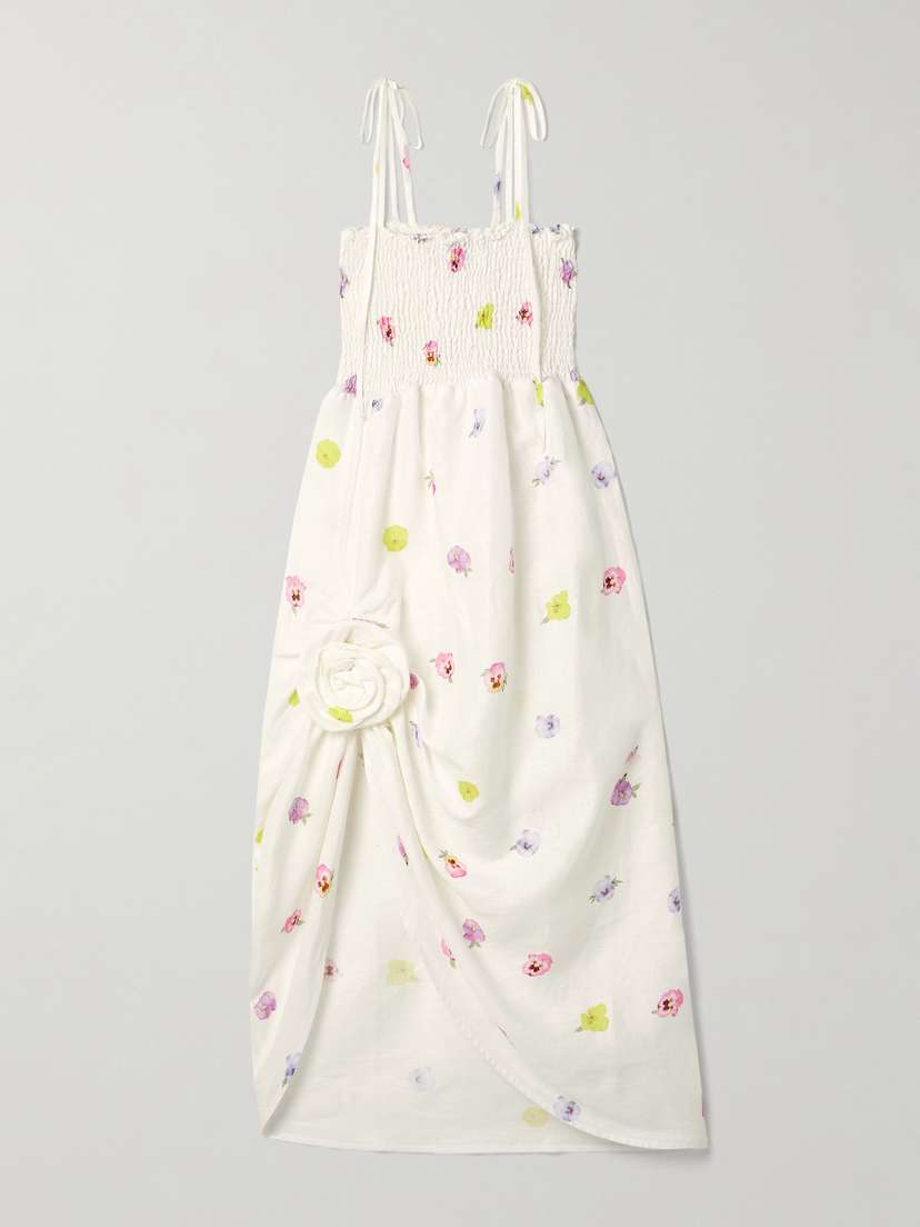 Sleeper Atlanta Asymmetric Shirred Appliquéd Floral-print Linen Midi Dress - x large