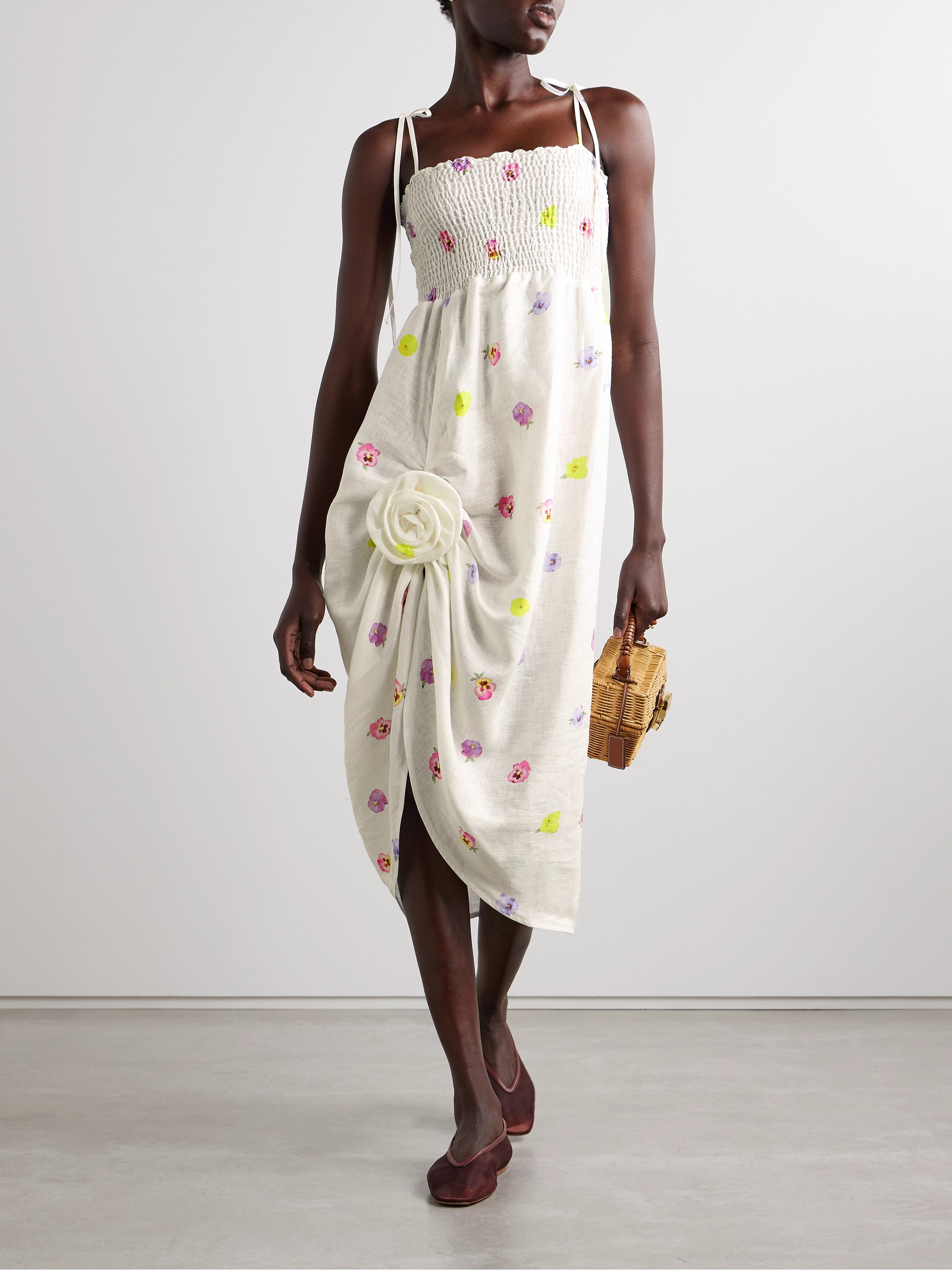 Sleeper Atlanta asymmetric shirred appliquéd floral-print linen midi dress