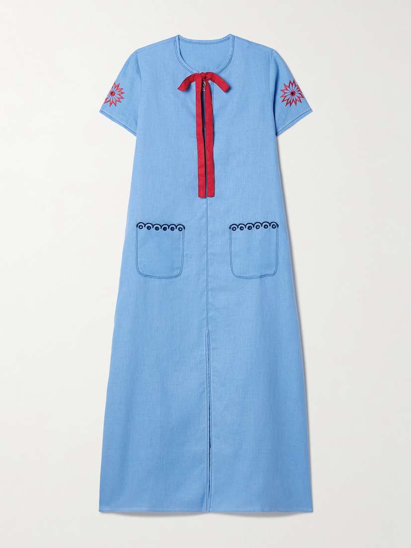 Sleeper Petra Broderie Anglaise-trimmed Embroidered Linen Midi Dress - x large