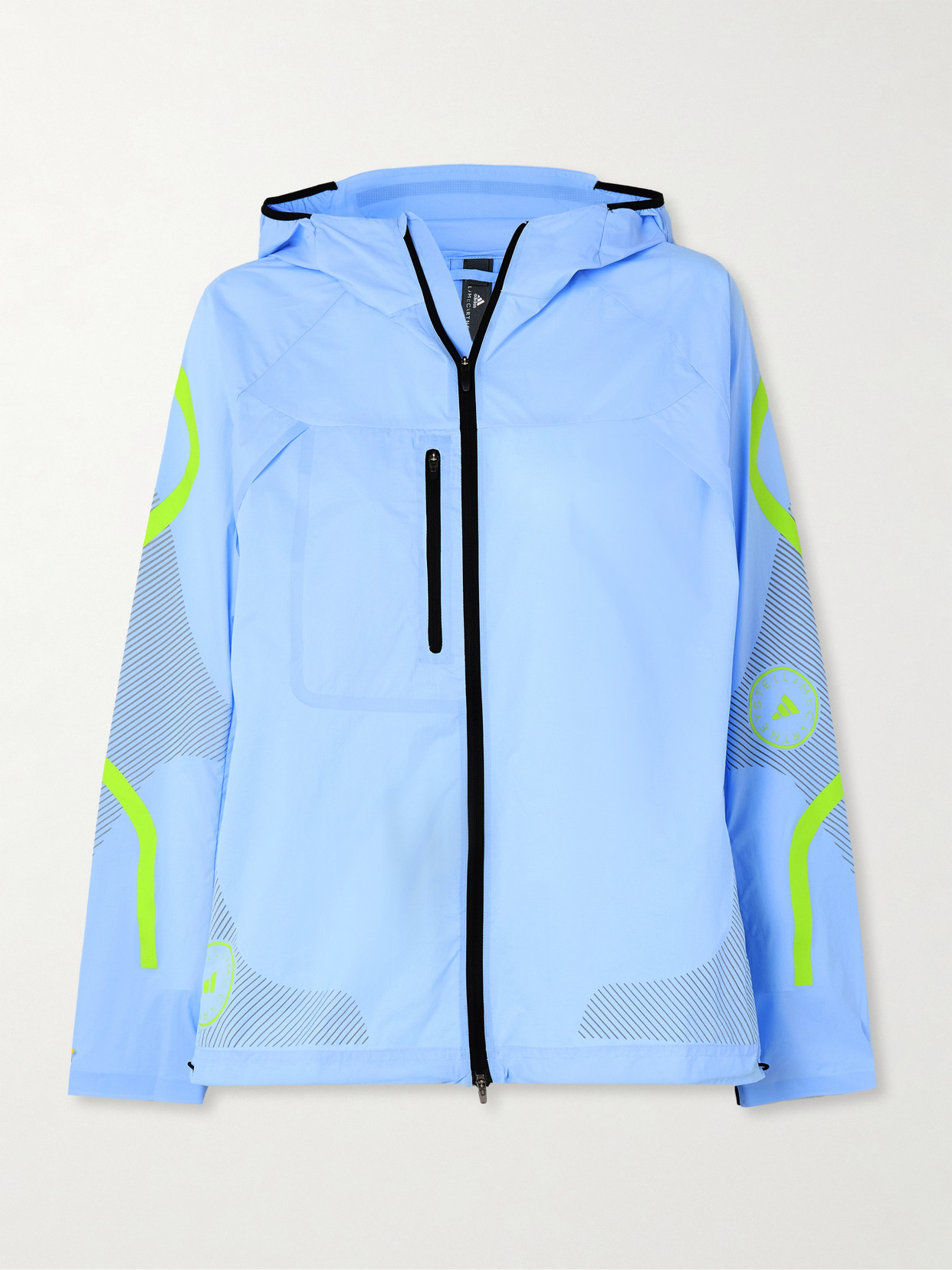 Adidas By Stella Mccartney Truepace Printed Recycled Stretch-jersey Hooded Jacket In Blue