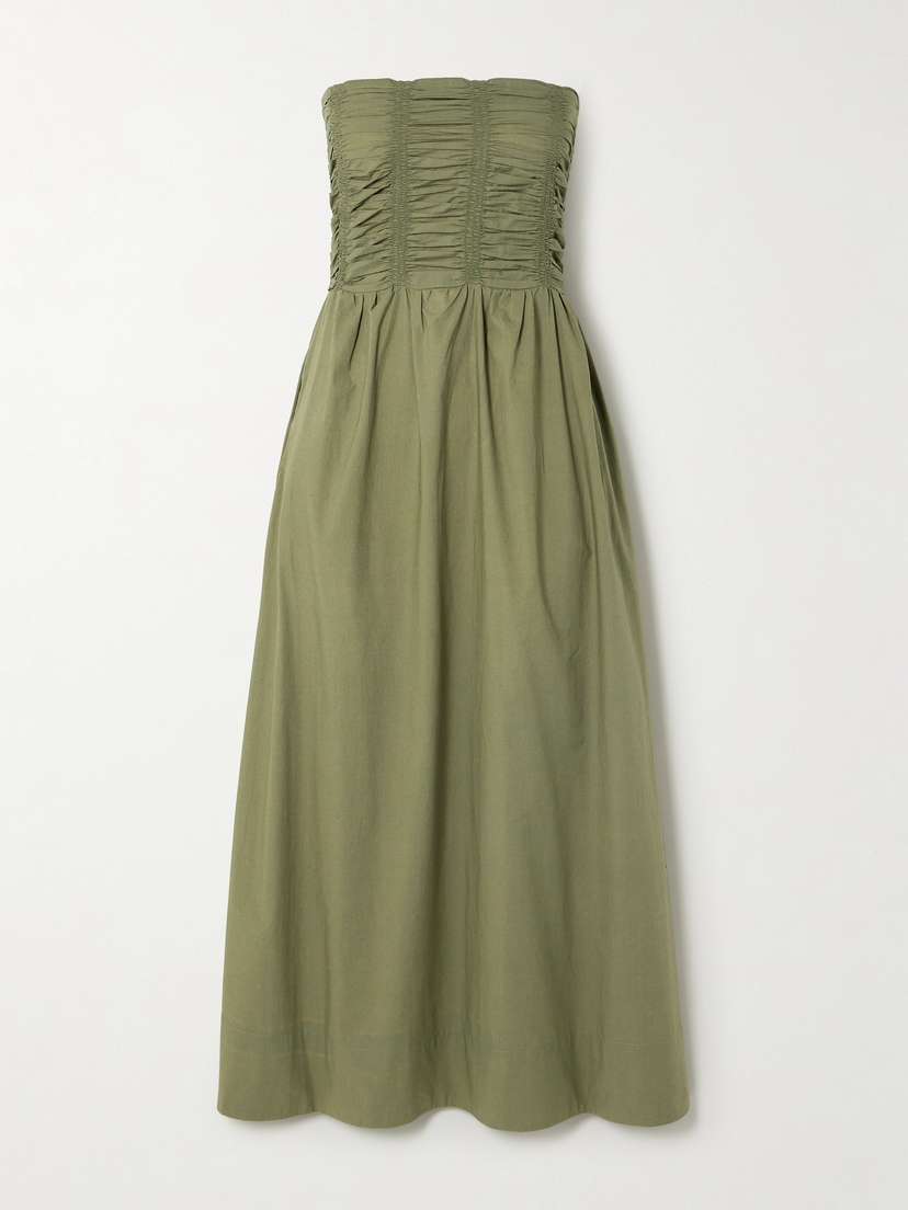 Faithfull Dominquez Smocked Strapless Organic Cotton-poplin Midi Dress