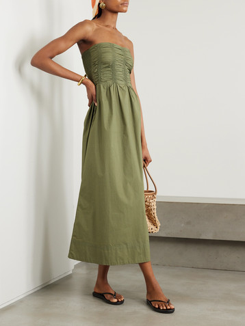 Faithfull Dominquez smocked strapless organic cotton-poplin midi dress