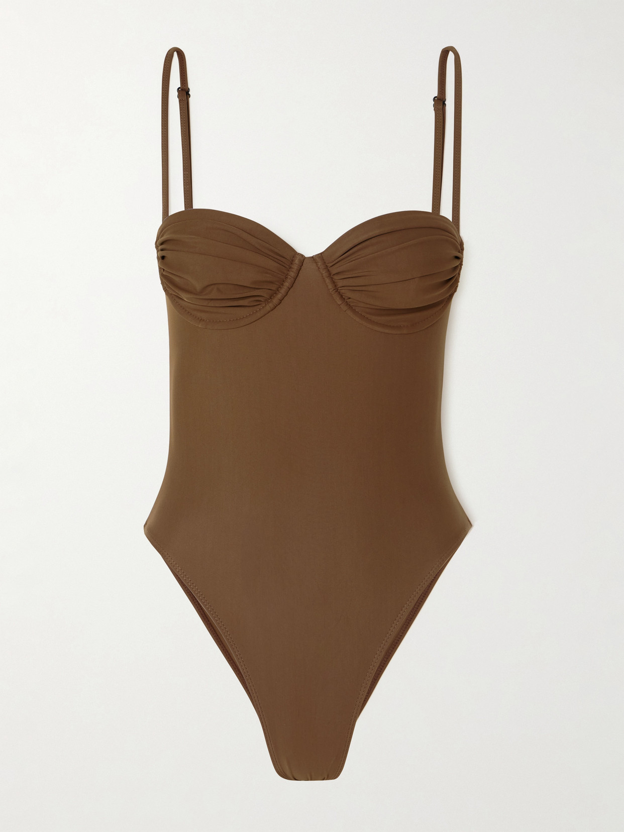 Faithfull Gabriela Ruched Stretch-repreve® Swimsuit In Brown