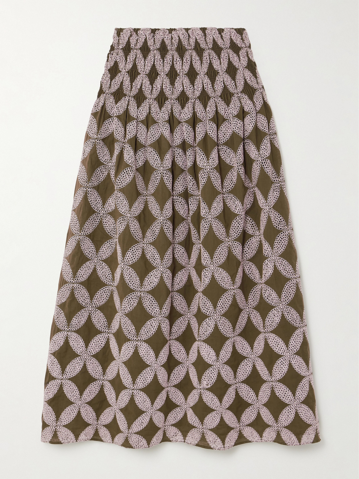 Faithfull + Net Sustain Bea Broderie Anglaise-trimmed Cotton-voile Maxi Skirt In Brown