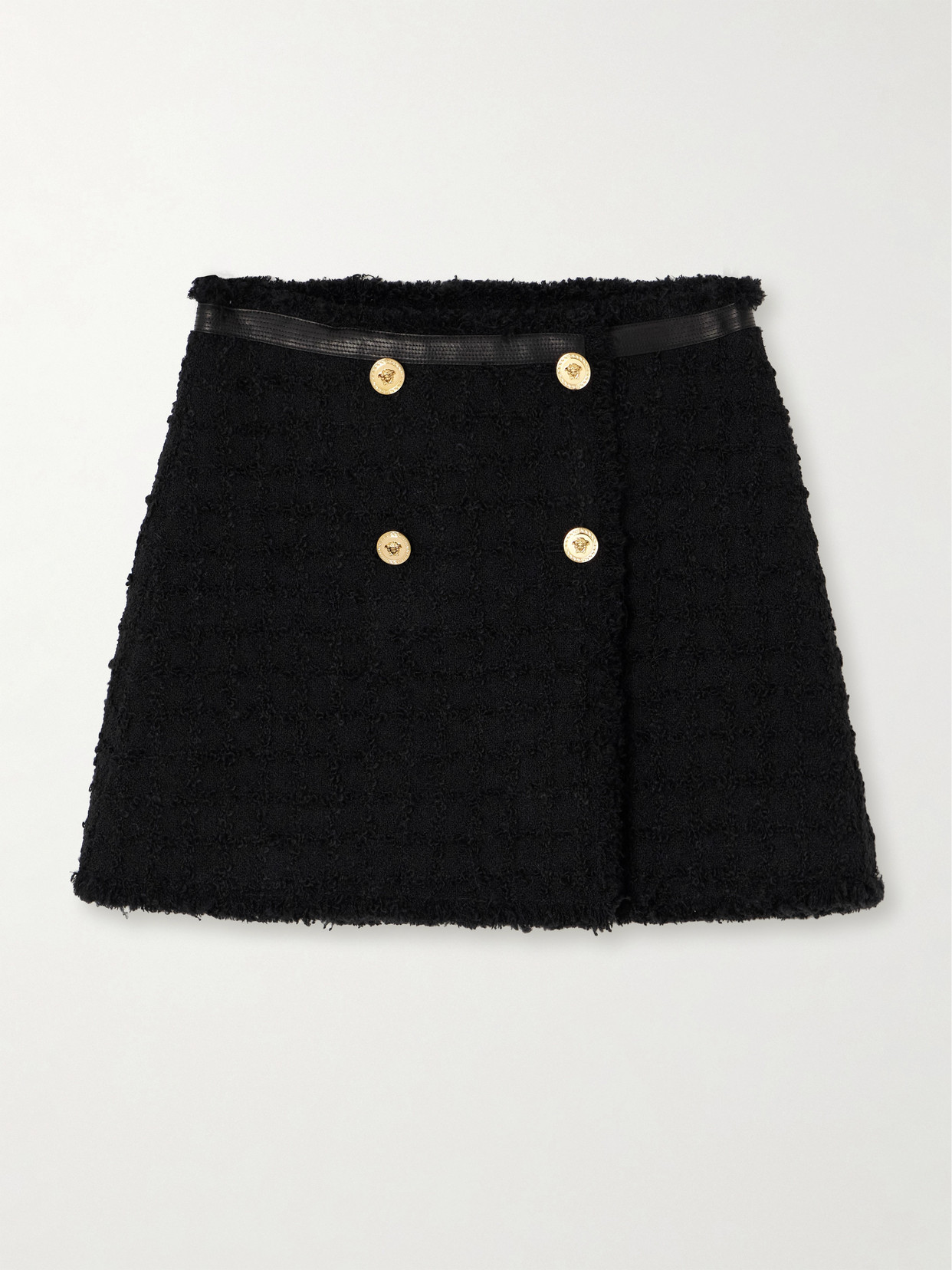 Shop Versace Wrap-effect Leather-trimmed Checked Wool-blend Bouclé-tweed Mini Skirt In Black