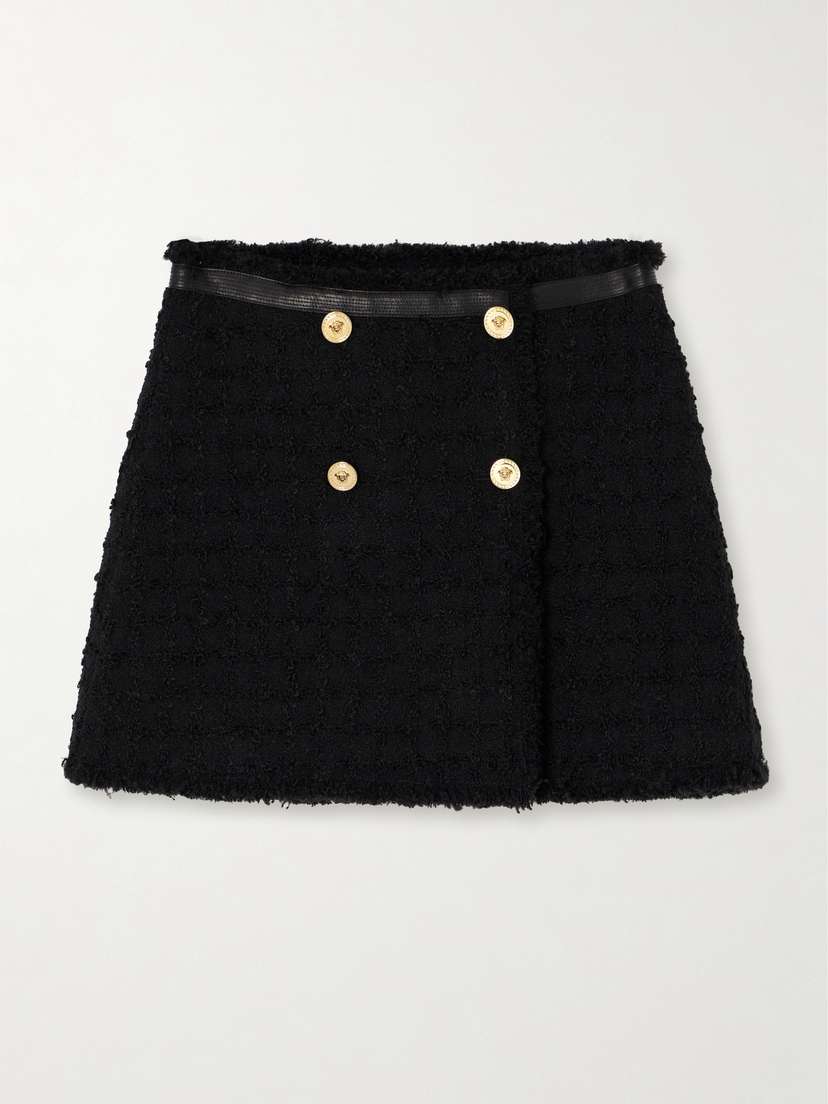Versace Wrap-effect Leather-trimmed Checked Wool-blend Bouclé-tweed Mini Skirt