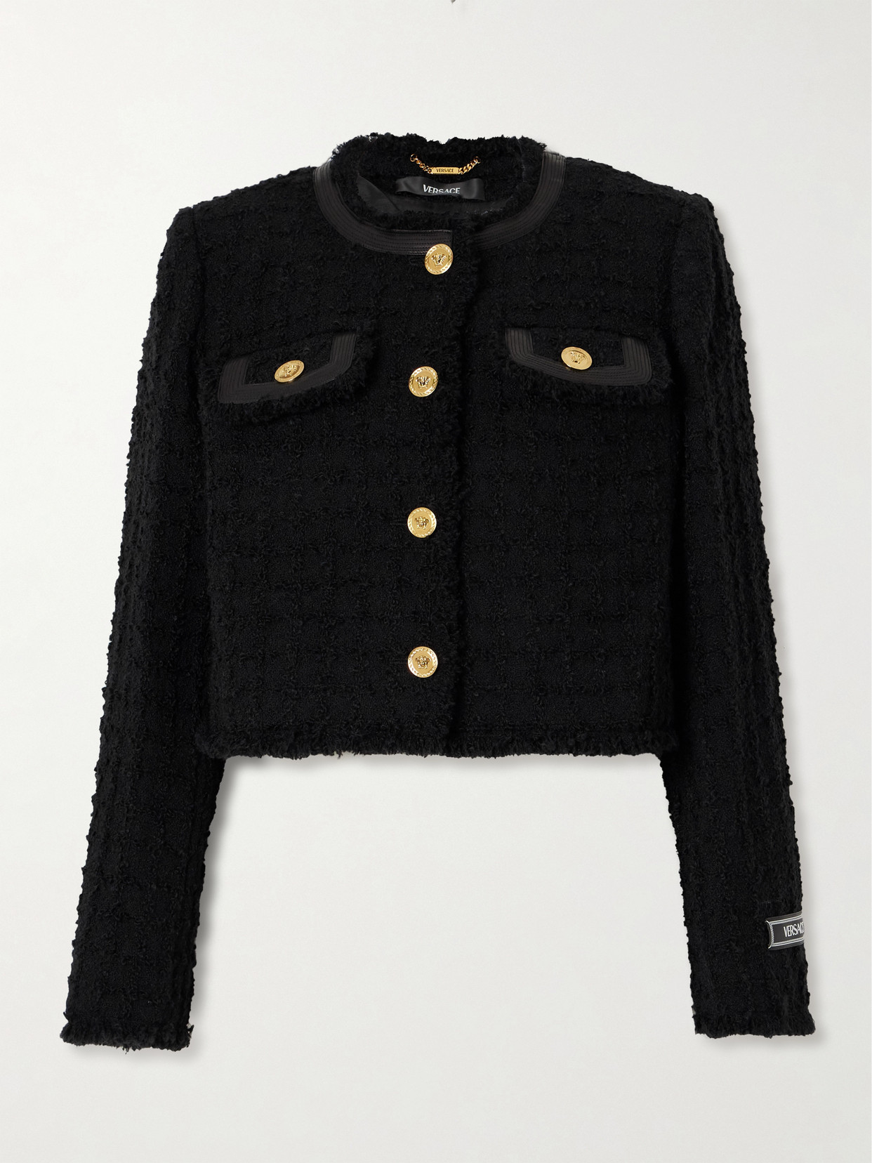 Shop Versace Leather-trimmed Checked Wool-blend Tweed Jacket In Black