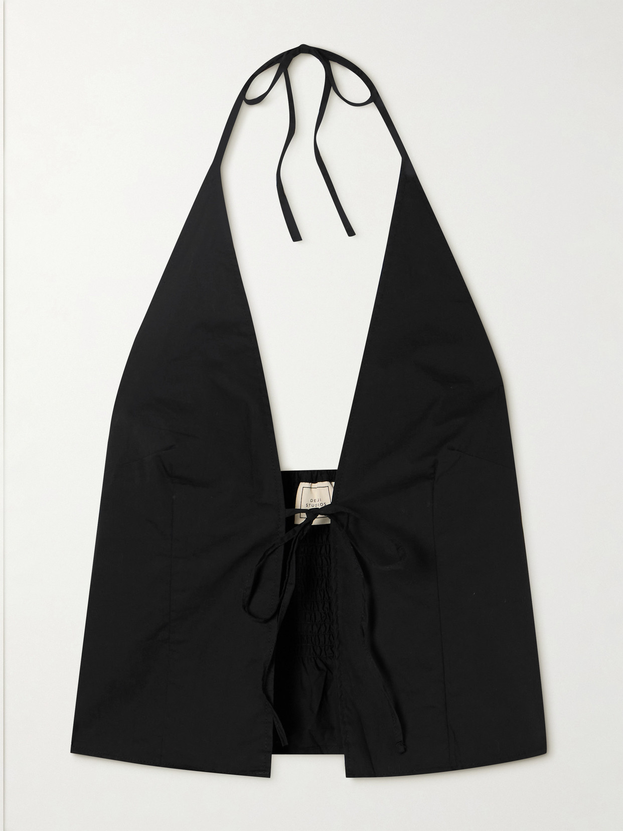 Deiji Studios Tie-detailed Smocked Organic Cotton Halterneck Top In Black