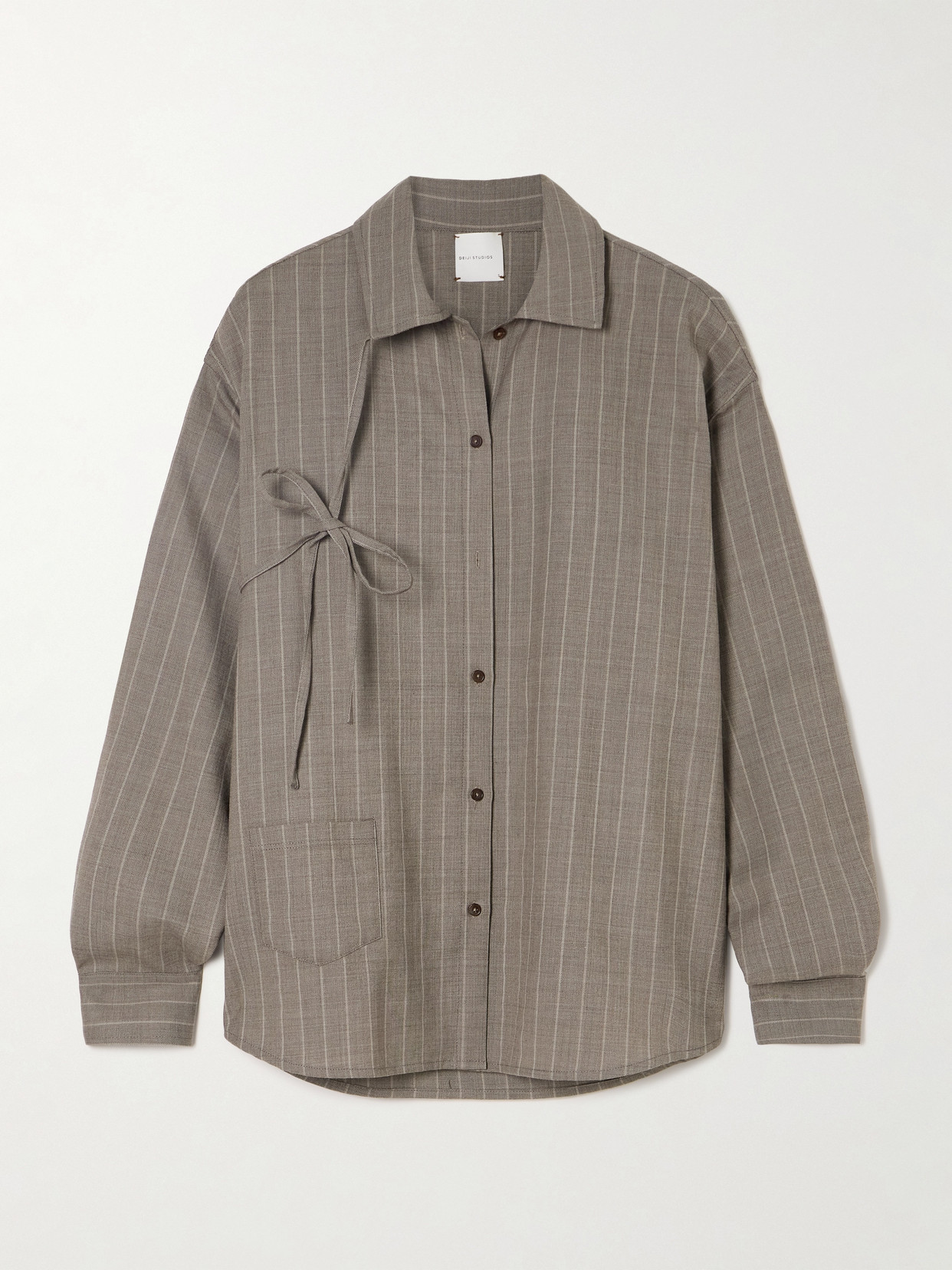 Deiji Studios Bow-detailed Striped Wool, Linen And Lyocell-blend Shirt In Grey