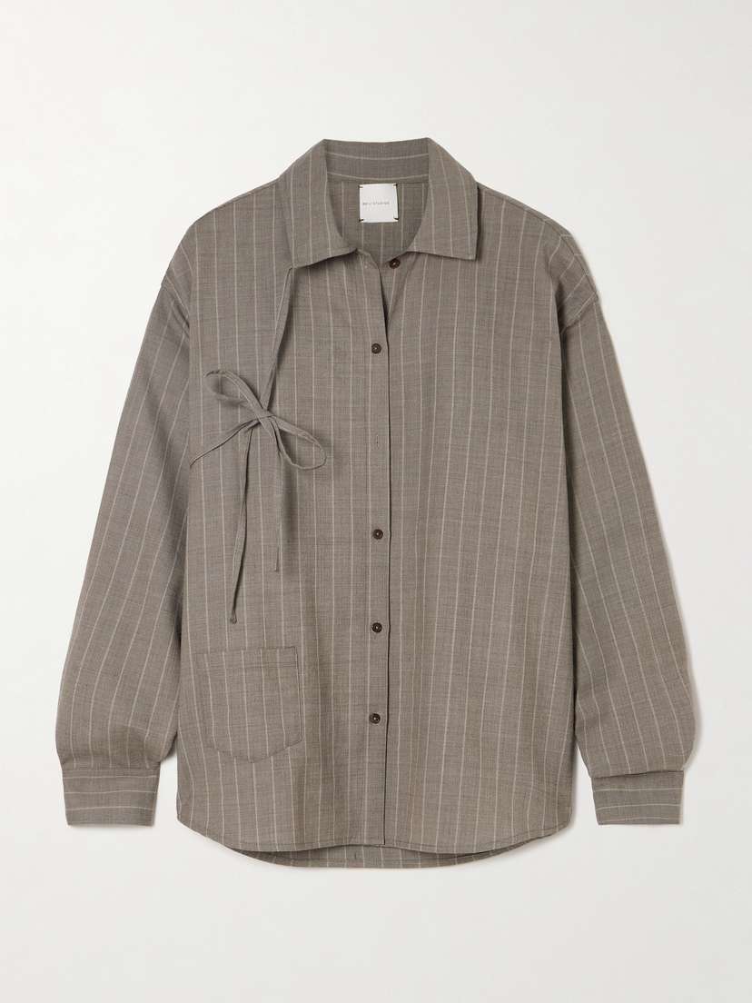 Deiji Studios Bow-detailed Striped Wool, Linen And Lyocell-blend Shirt